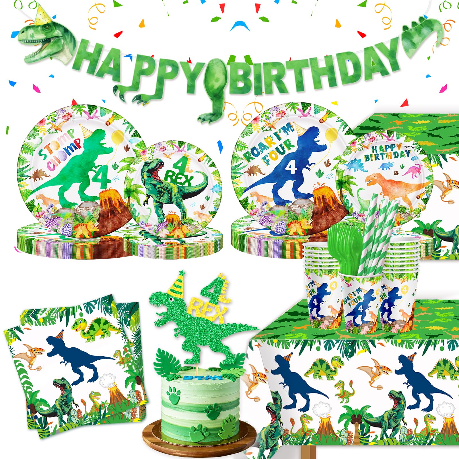 148ps Roar I’m Four Dinosaur 4th Birthday Decorations Boy Dinosaur 4th Bday Tableware Jungle T-rex 4 Rex Dino Plates Napkins Cups Banner Tablecloth