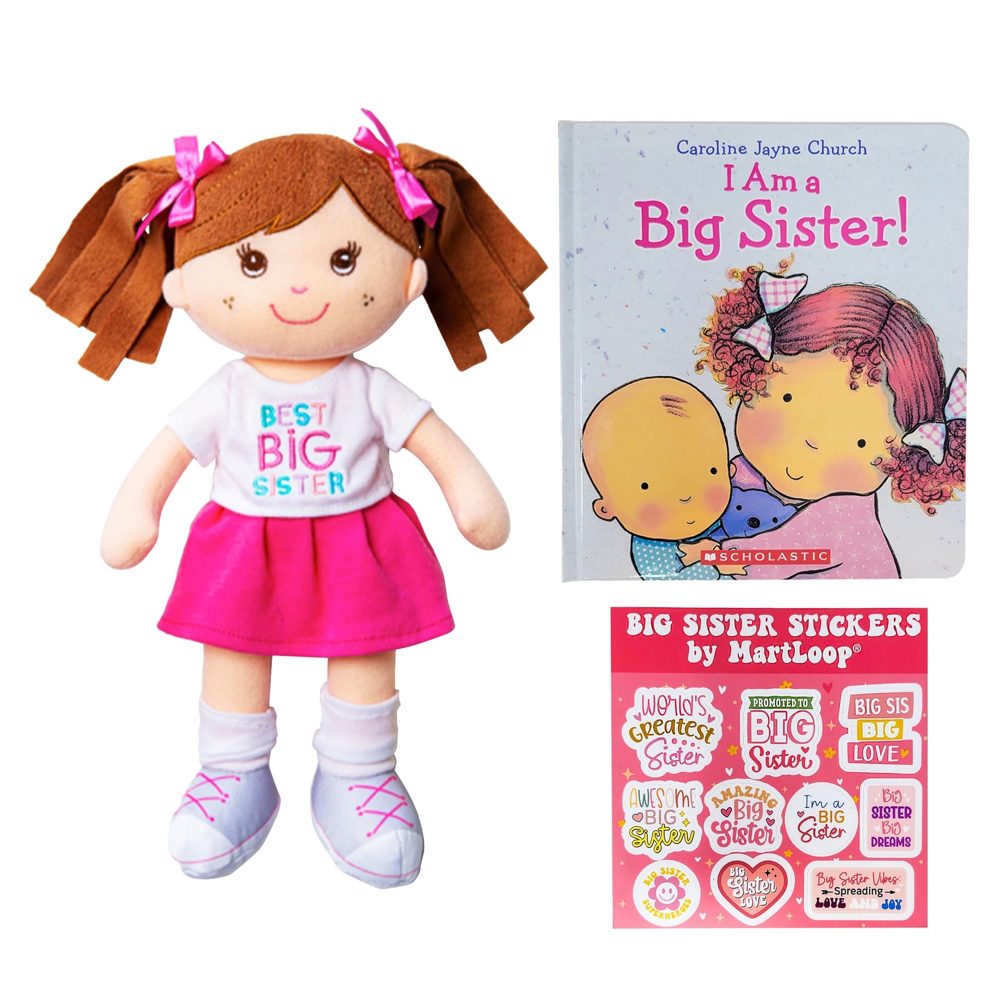 MartLoop Best Big Sister Doll Bundle - Includes Doll, Book, and Stickers - Perfect Sibling Gift from Baby or Toddler, 3 Piece Bundle