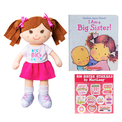 MartLoop Best Big Sister Doll Bundle - Includes Doll, Book, and Stickers - Perfect Sibling Gift from Baby or Toddler, 3 Piece Bundle