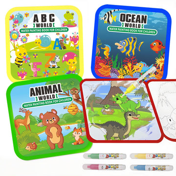 Water Painting Books for Toddlers, 4 Pack Reusable Magic Water Coloring Book with Water Pen Fairy Tale for Ages 3+, Water Doodle Book Travel Toys