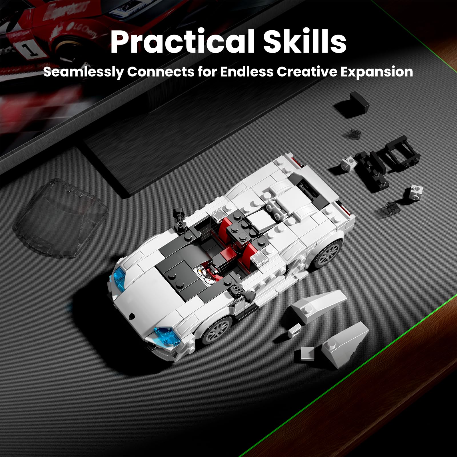 Mould King Car Model Building Kit with Acrylic Display Case, 388 PCS Toy