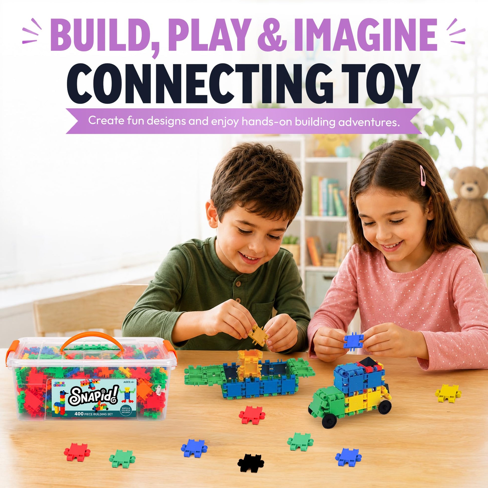 Snapid Building Bricks 400 Pcs Connecting Toy - Strong Durable Colorful Block Set w Storage, Interlinking Construction Blocks for Kids - STEM