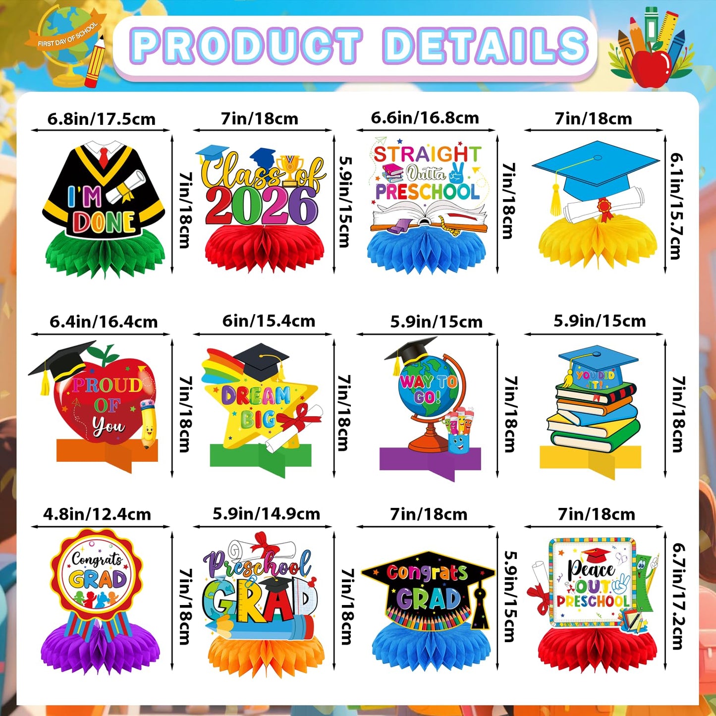 Preschool Graduations Decorations Class of 2026: 12pcs Preschool Graduation Honeycomb Centerpieces Kindergarden Graduation Table Decorations