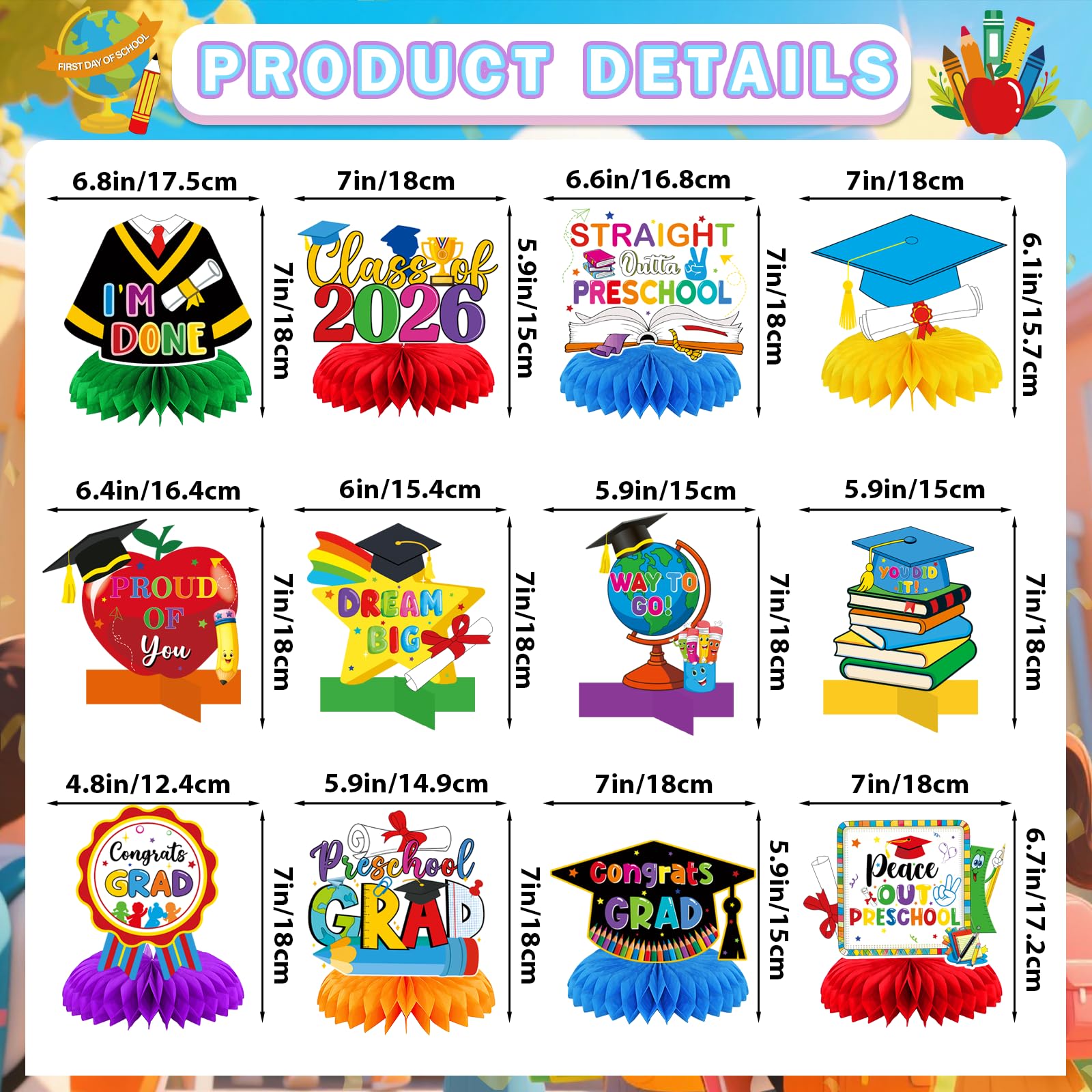 Preschool Graduations Decorations Class of 2026: 12pcs Preschool Graduation Honeycomb Centerpieces Kindergarden Graduation Table Decorations