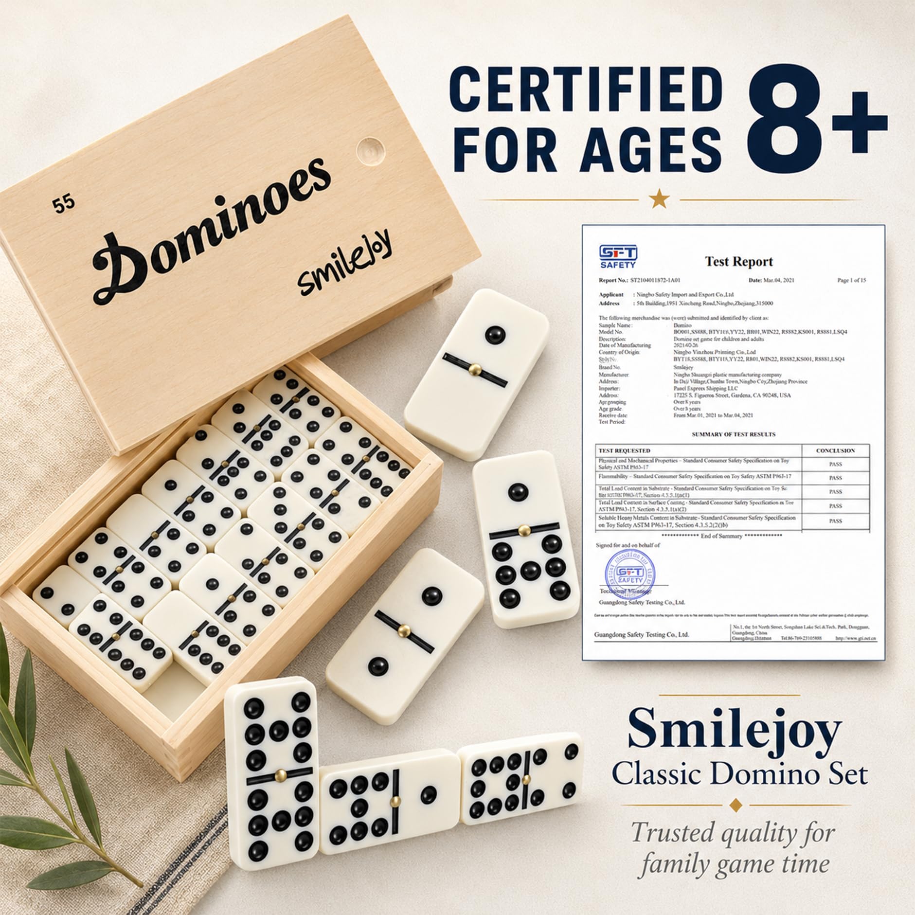 Smilejoy Dominoes Set for Adults, Double Nine Domino Set for Classic Board Games, Dominoes Double 9 for Family Games with Natural Wooden case