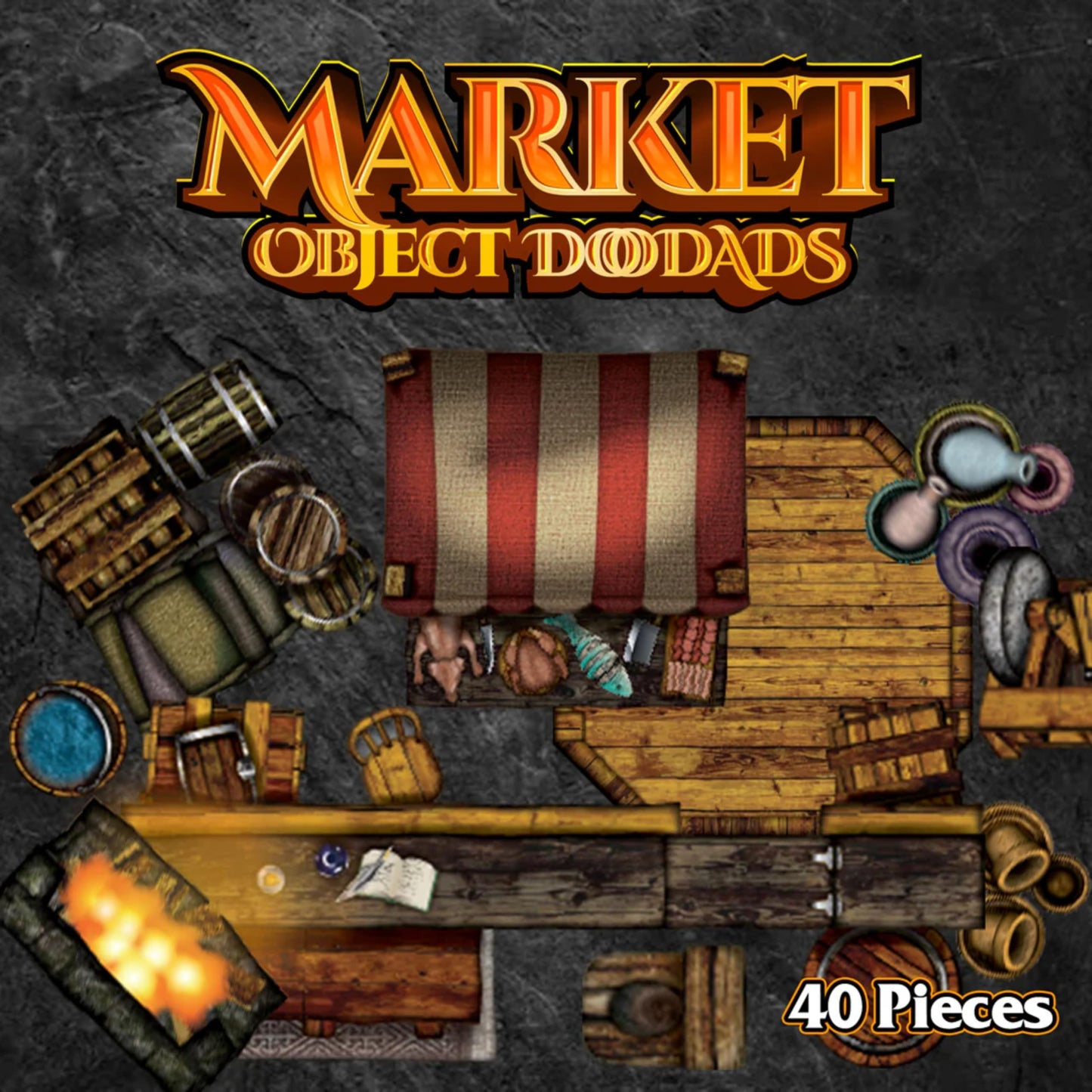 Market - 40pc Double-Sided Market Stall & Prop Pieces for Starters & Masters Alike - Roleplaying Objects for Dungeons & Dragons - Immersive Map