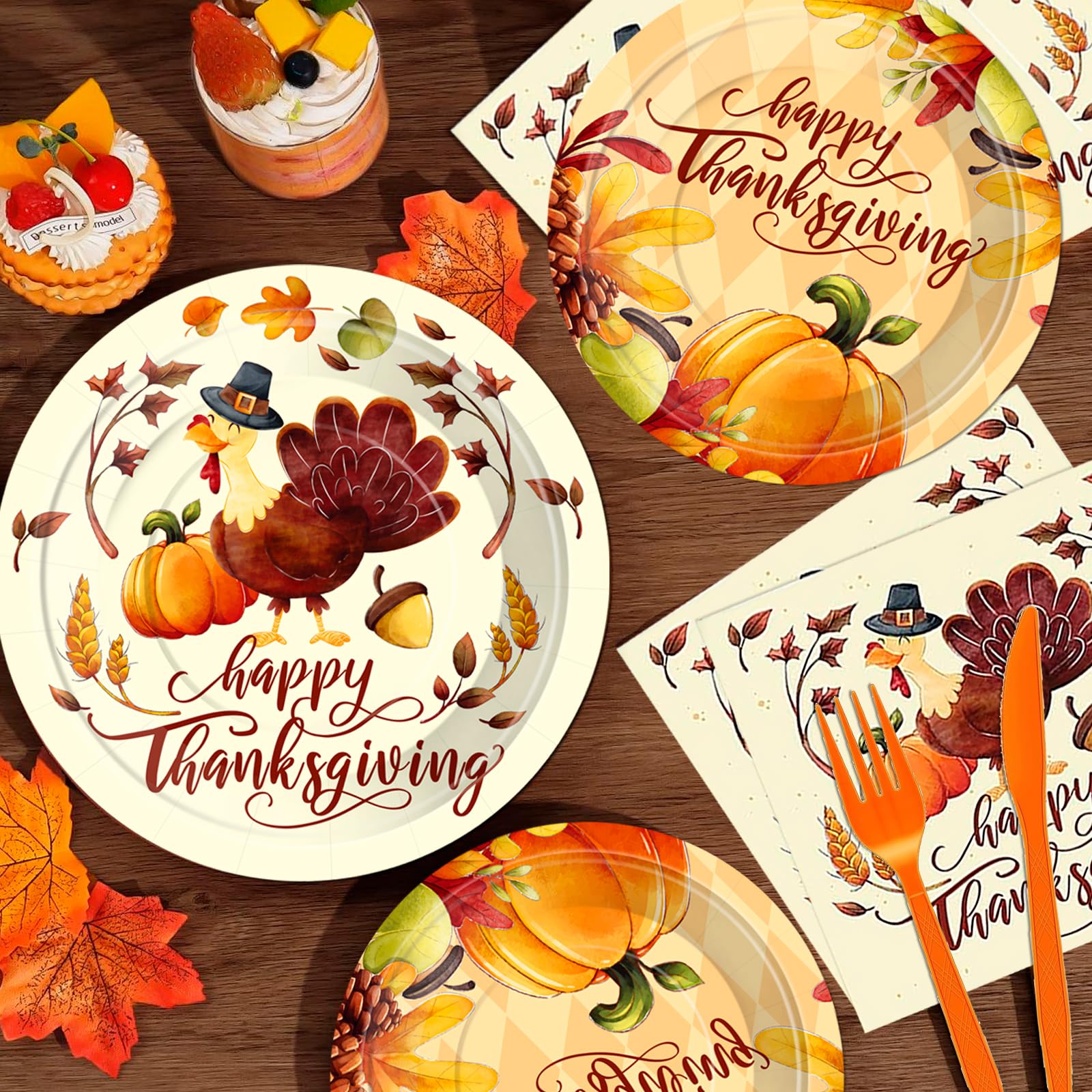 Sertokm 170PCS Fall Thanksgiving Party Plates and Napkins Set - Disposable Tableware with Banner, Pumpkin Tablecloth, Cups and Utensils
