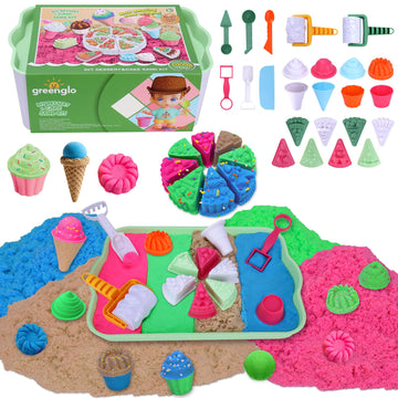 greenglo Kids Sensory Sand Playset - 2.2 LBS Colored Sand (1* Soft Magic, 3* Firm Modeling) with 23 Cake & Dessert Molds w Sensory Bin, Educational
