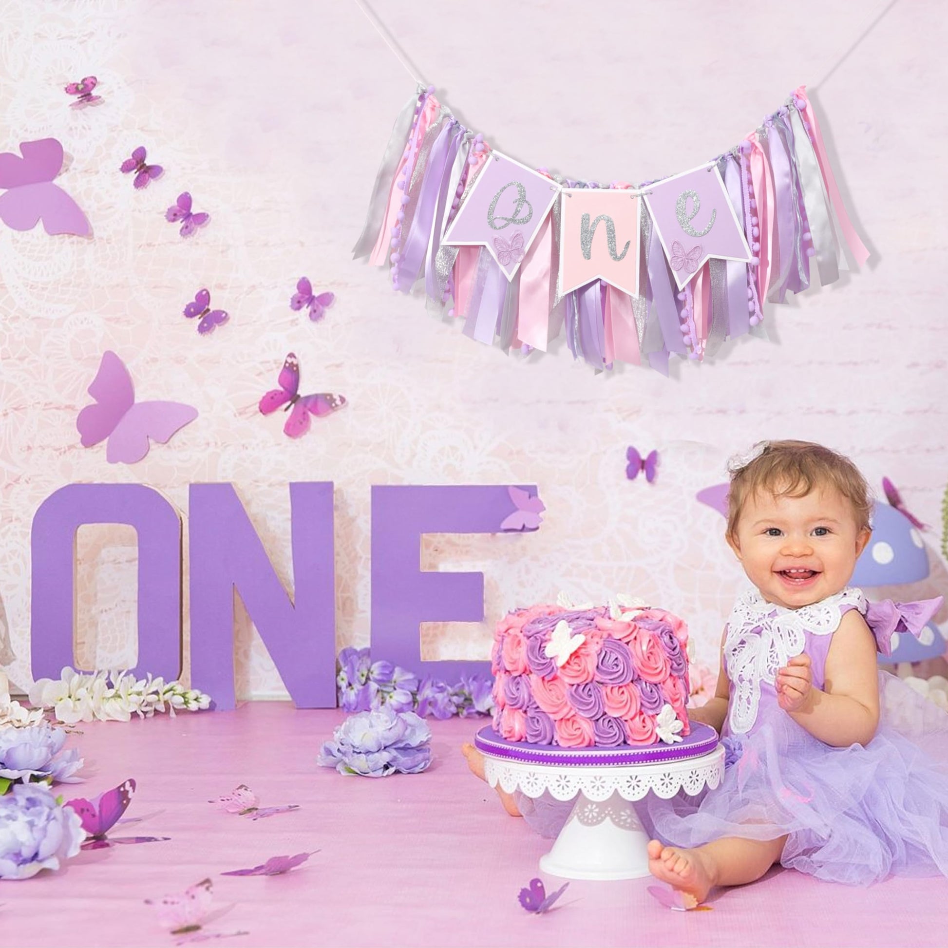 Pink & Purple Butterfly 1st Highchair Banner for Girls - Spring Butterfly One Party Decor & Cake Smash Photo Prop