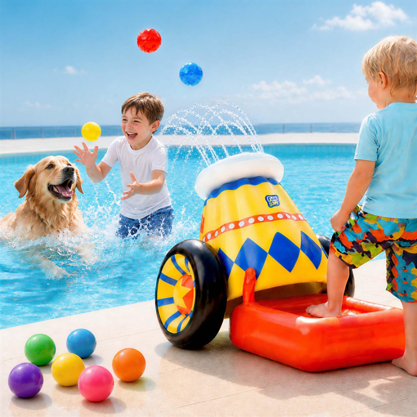 Funscape Kid Inflatable Ball Launch Pool Toy w/Sprinkler Toddler Water Game
