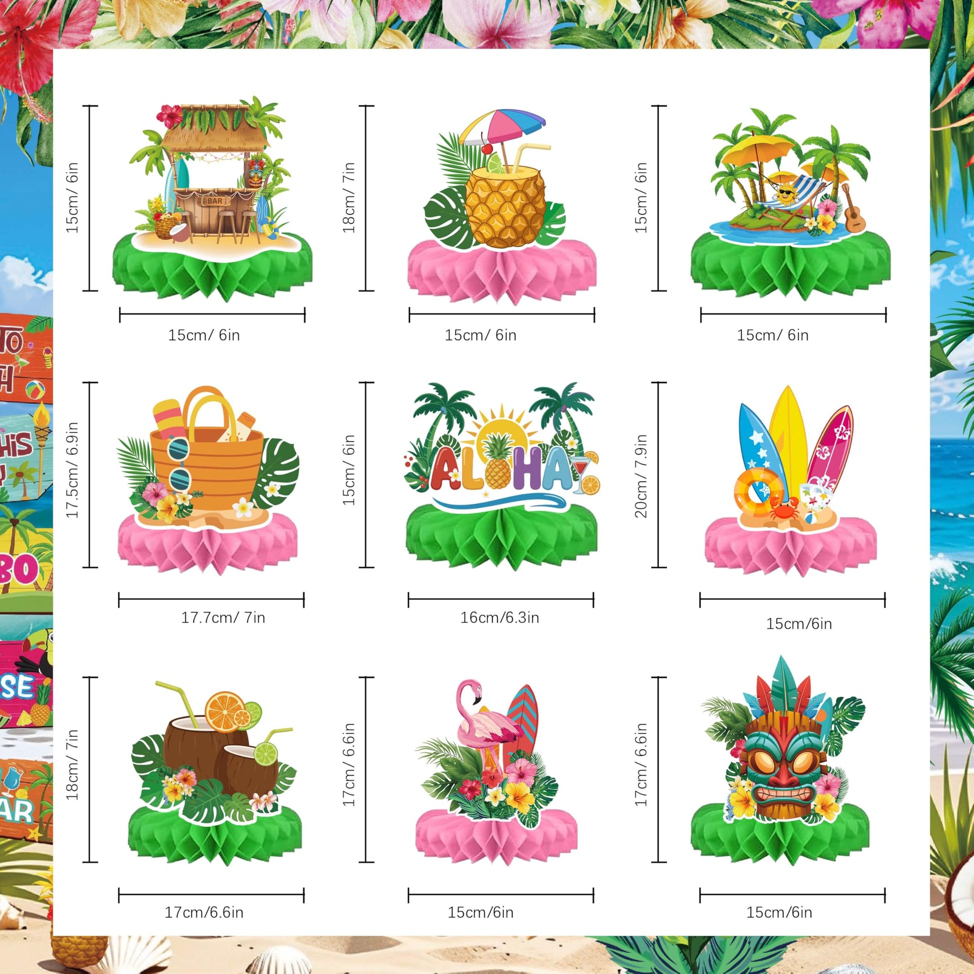 Hawaiian Luau Party Decorations Set, 9 Pcs Aloha Honeycomb Centerpieces for Tables, Tropical Tiki Beach Summer Pool Theme Birthday Party Supplies