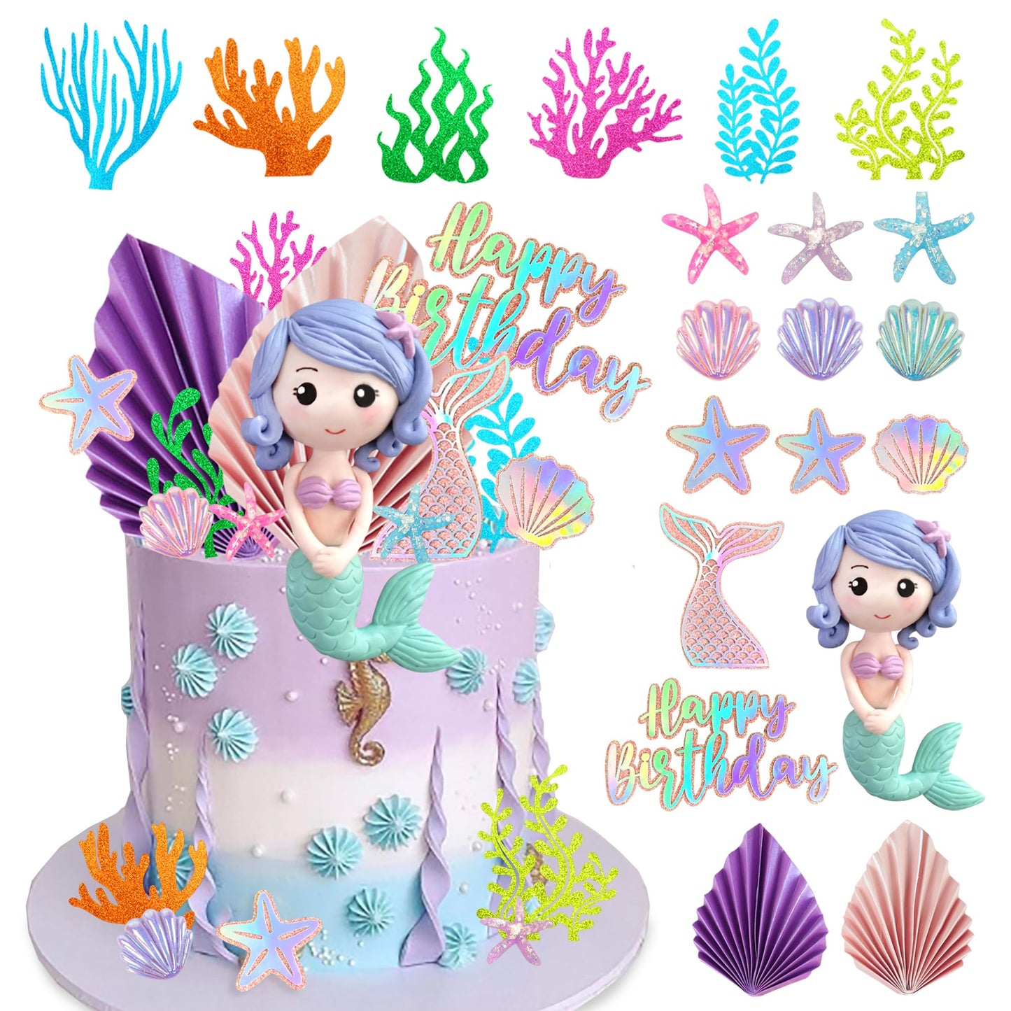 20 PCS Mermaid Cake Toppers with 3D Mermaid Seaweed Folding Fans Shell Starfish Cake Decorations (STYLE1)