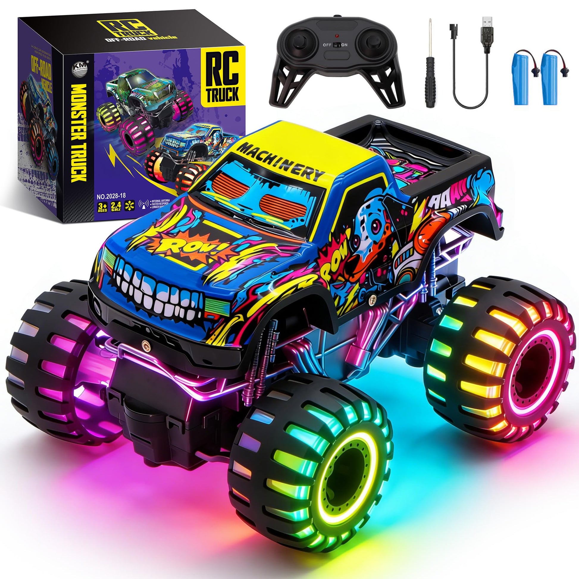 Remote Control Monster Truck Toys for Kids, 1:20 Scale 2.4GHz RC Car with Lights, All Terrain Rechargeable RC Truck with 2 Rechargeable Batteries, Toy