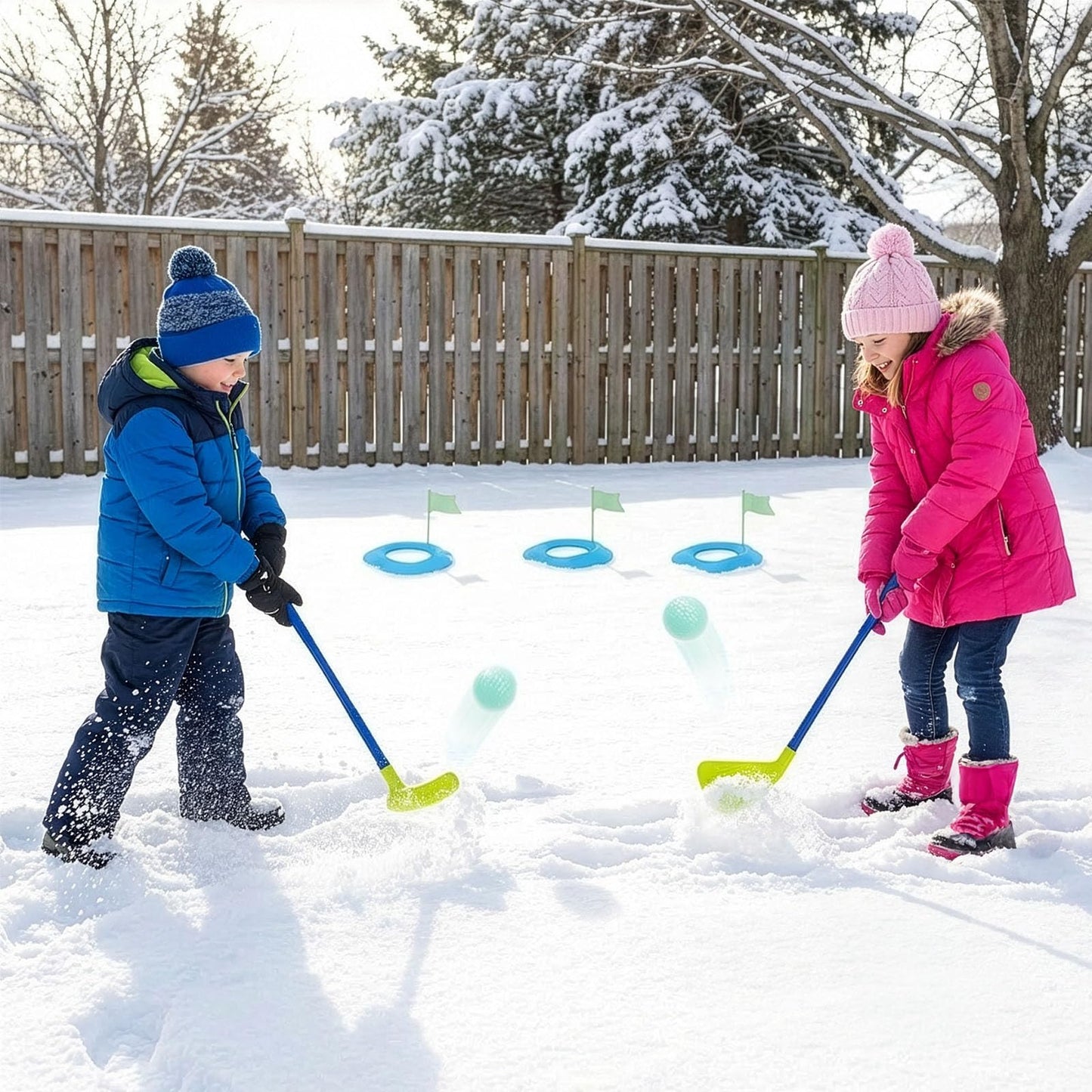 Wham-O Winter Outdoor Snow Golf Game Set for Kids and Adults, Backyard Golf Set for Fun Winter Activity, Includes 2 Golf Balls, 2 Golf Clubs, and 3