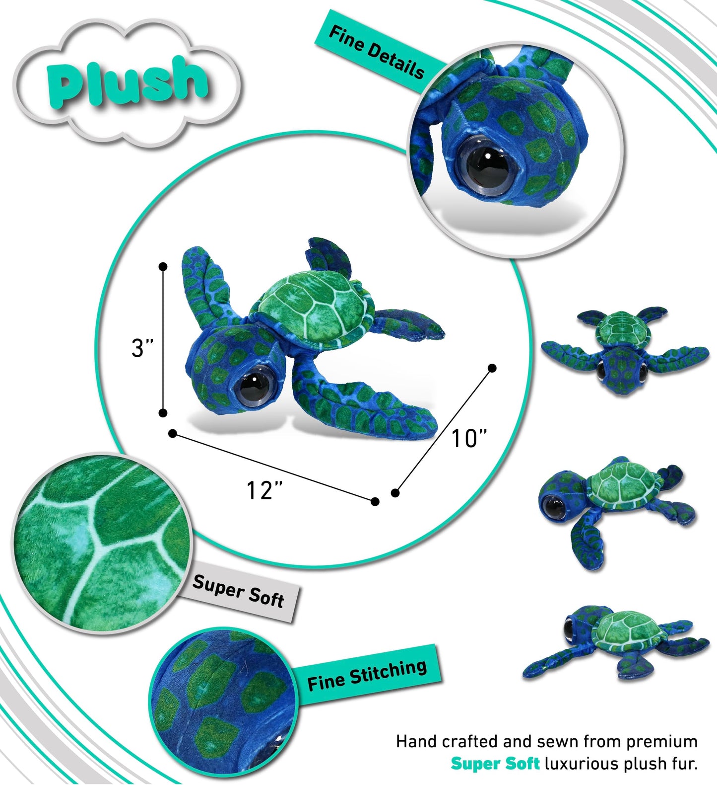 DolliBu Blue Sea Turtle Super Soft Stuffed Animal, Cute Realistic Stuffed Animals for Girls. Boys and Adults Animal Gifts, Kids Ocean Nursery Decor
