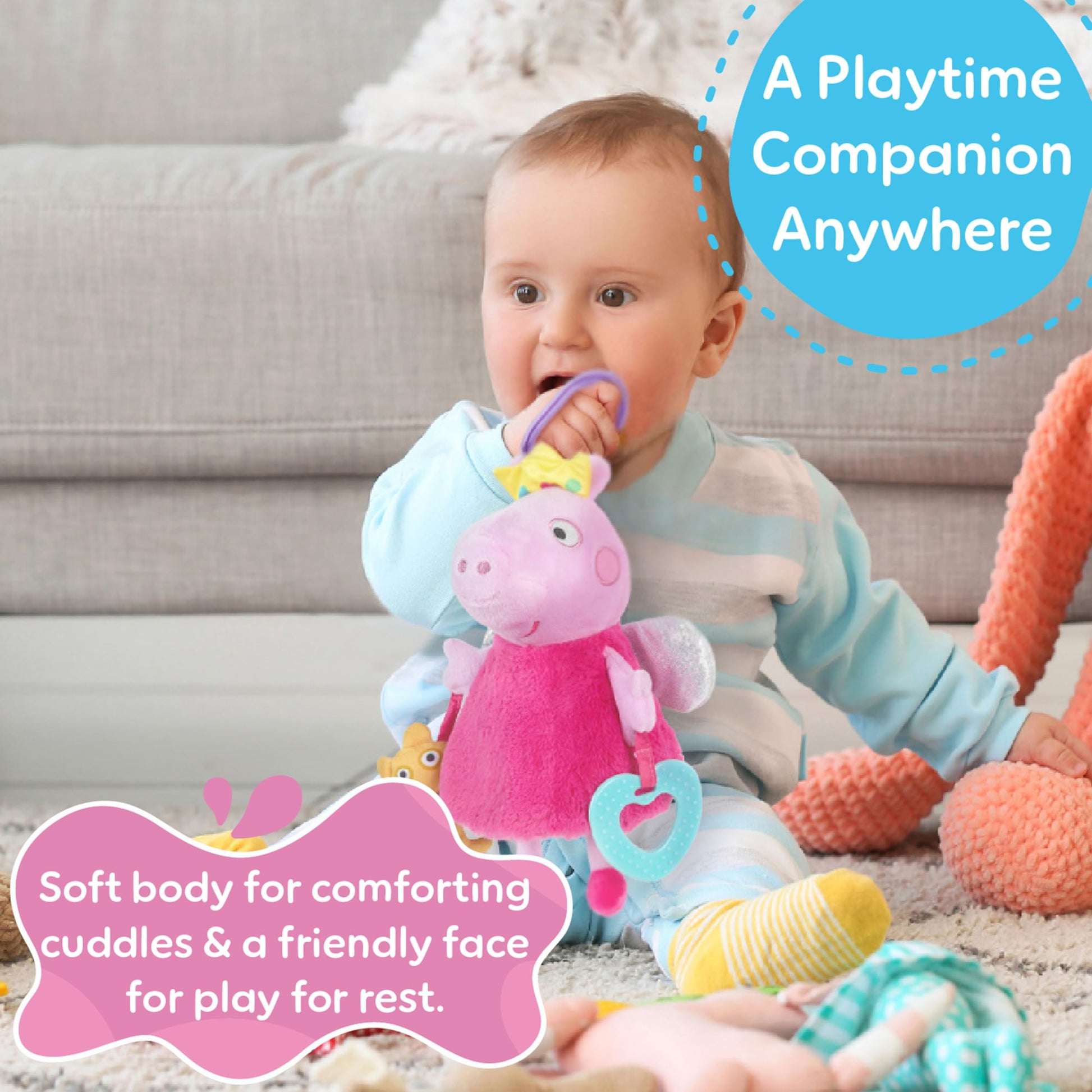 Kids Preferred Peppa Pig Activity Toy - 8.5 Inches, Fairy Wings, Heart Teether, On-The-Go Clip, Sensory Toy, Rattle, Crinkle, Ages 0 Months Up