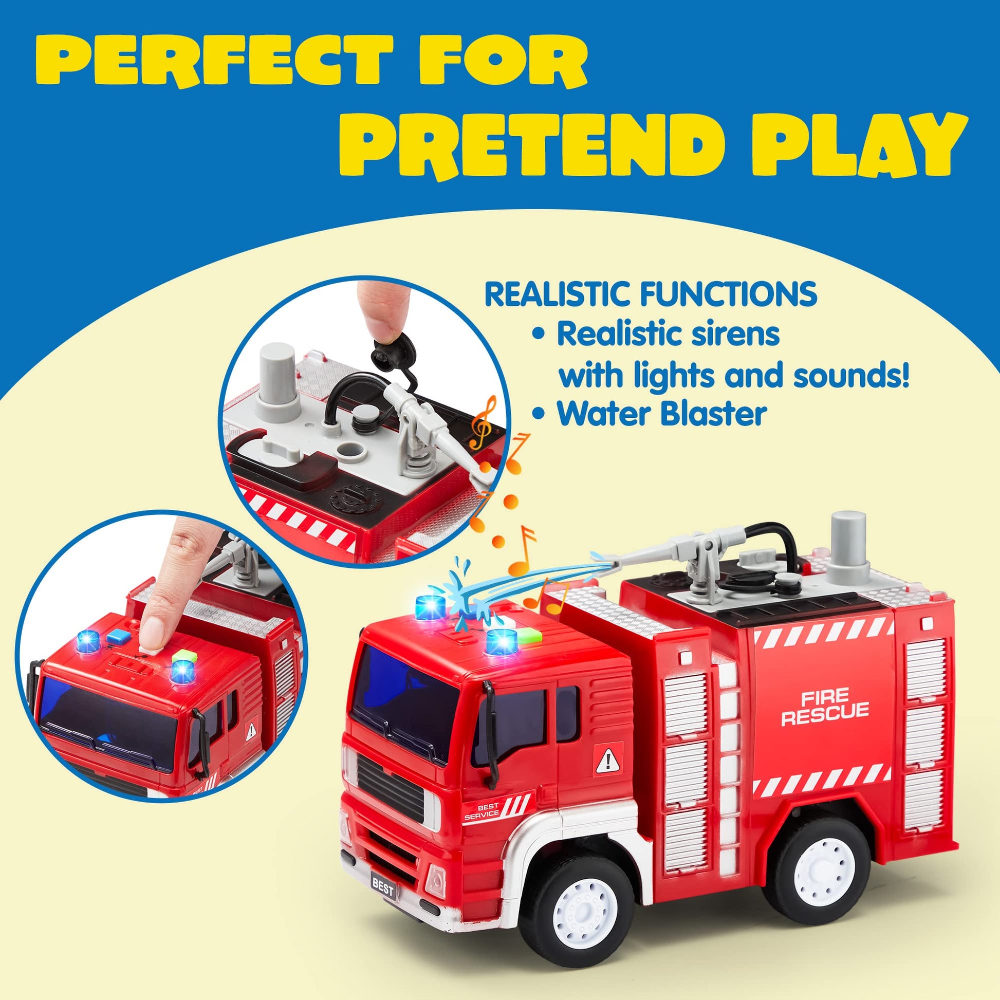 JOYIN Toddler Fire Truck Toys for 3 4 5 6 7 Year Old Boys - Fire Engine, Emergency Vehicle, Kids Firetruck, Friction Powered Car with Lights