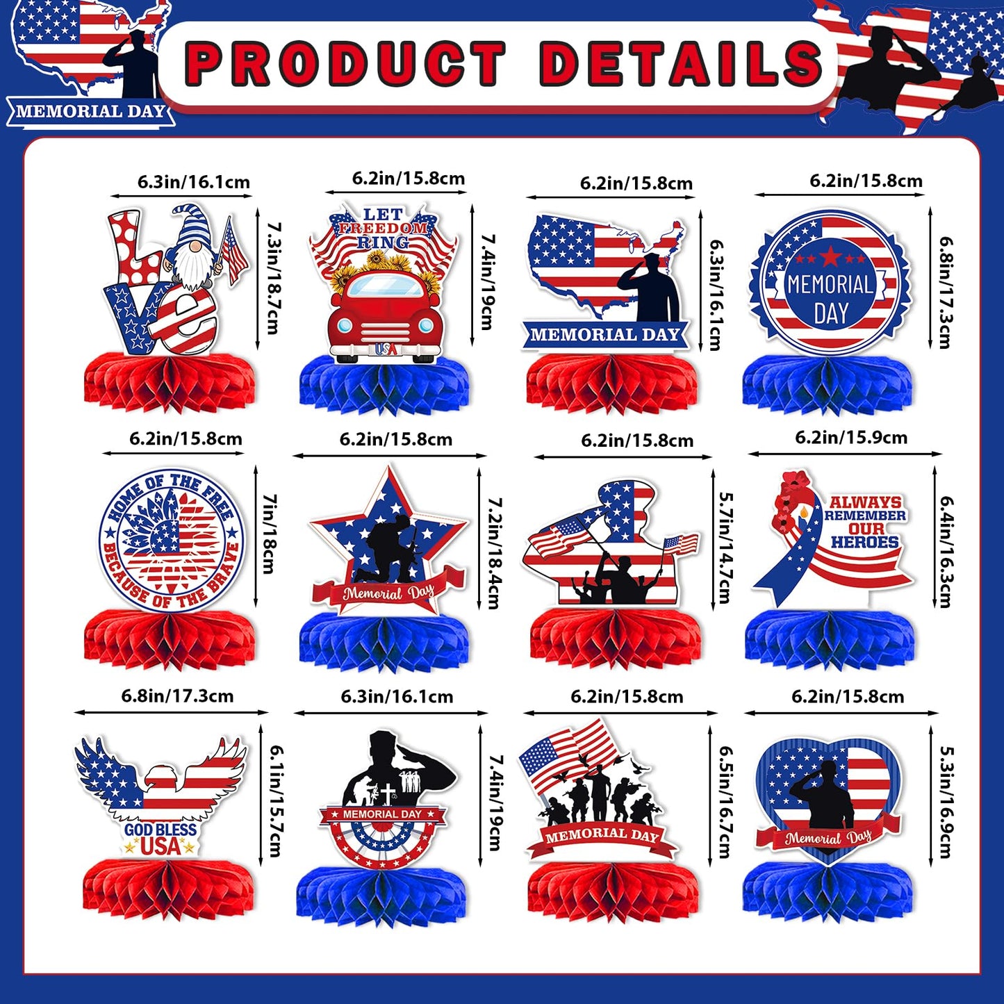12PCS Memorial Day Decorations Memorial Day Honeycomb Centerpieces Patriotic Centerpieces for Table 4th of July Decorations Patriotic Decorations Red