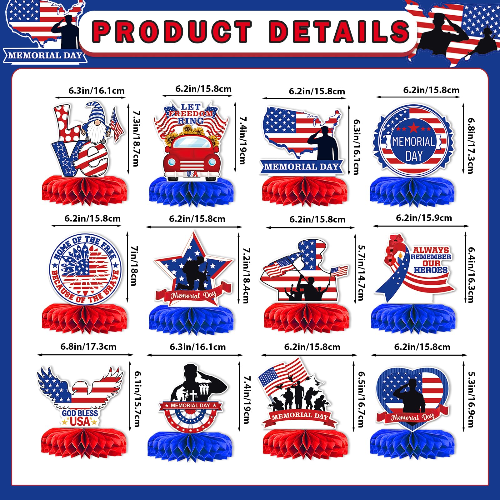12PCS Memorial Day Decorations Memorial Day Honeycomb Centerpieces Patriotic Centerpieces for Table 4th of July Decorations Patriotic Decorations Red