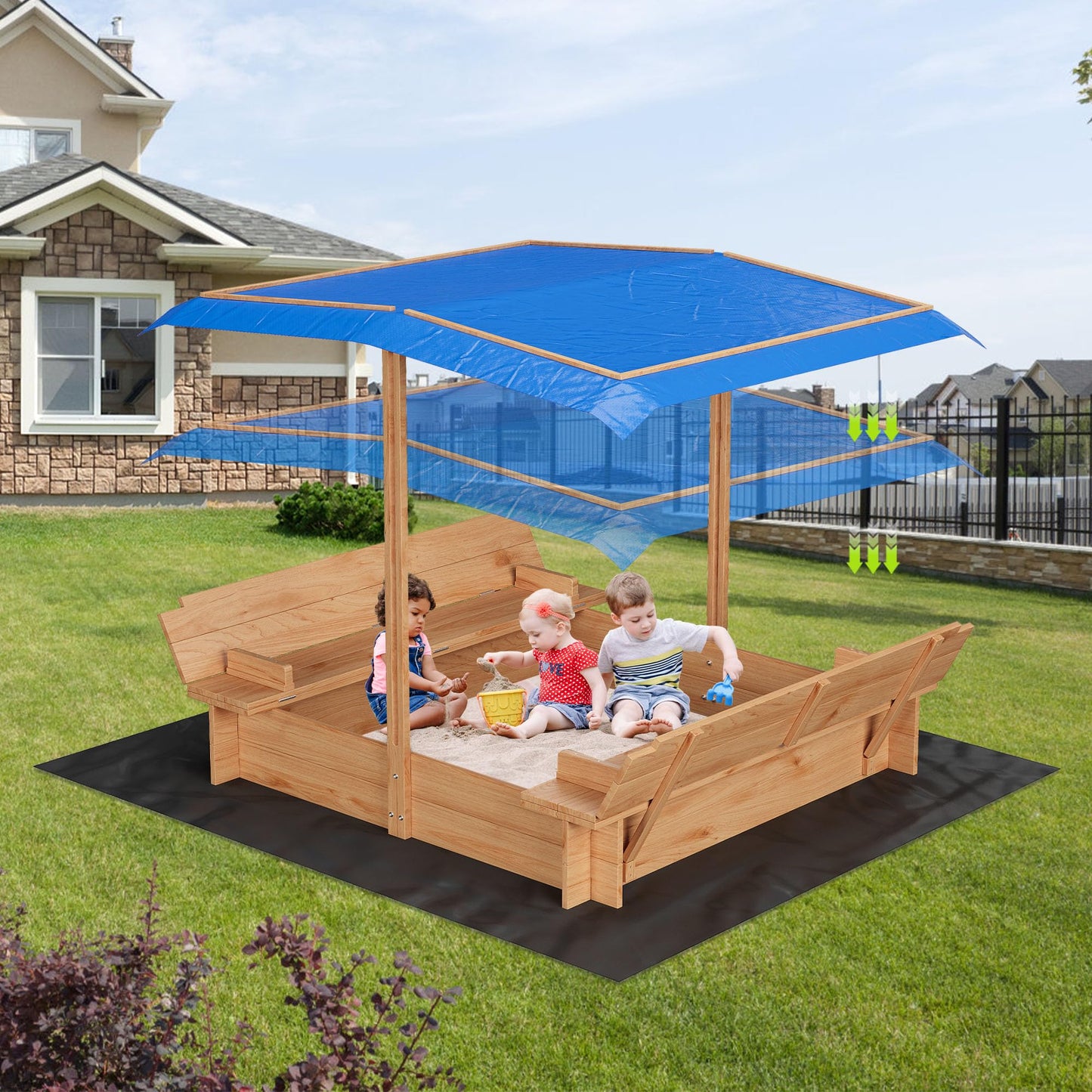 Wooden Sandbox with Lid＆Cover, Outdoor Sand Box with 2 Bench Seats, Bottom Liner, Adjustable Height & Rotatable Canopy for Ages 3-8, Spacious Kids