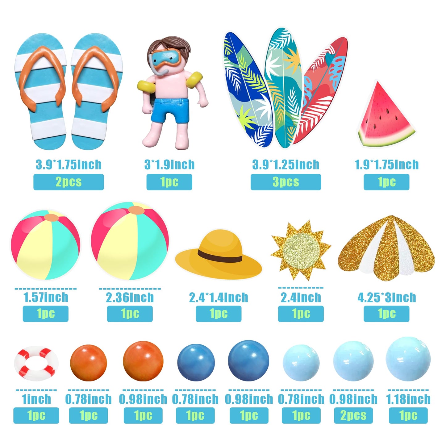 21 PCS Beach Cake Topper Summer Hawaiian Cake Decorations with Slipper and Swimmer Clay for Swimming Pool Aloha Birthday
