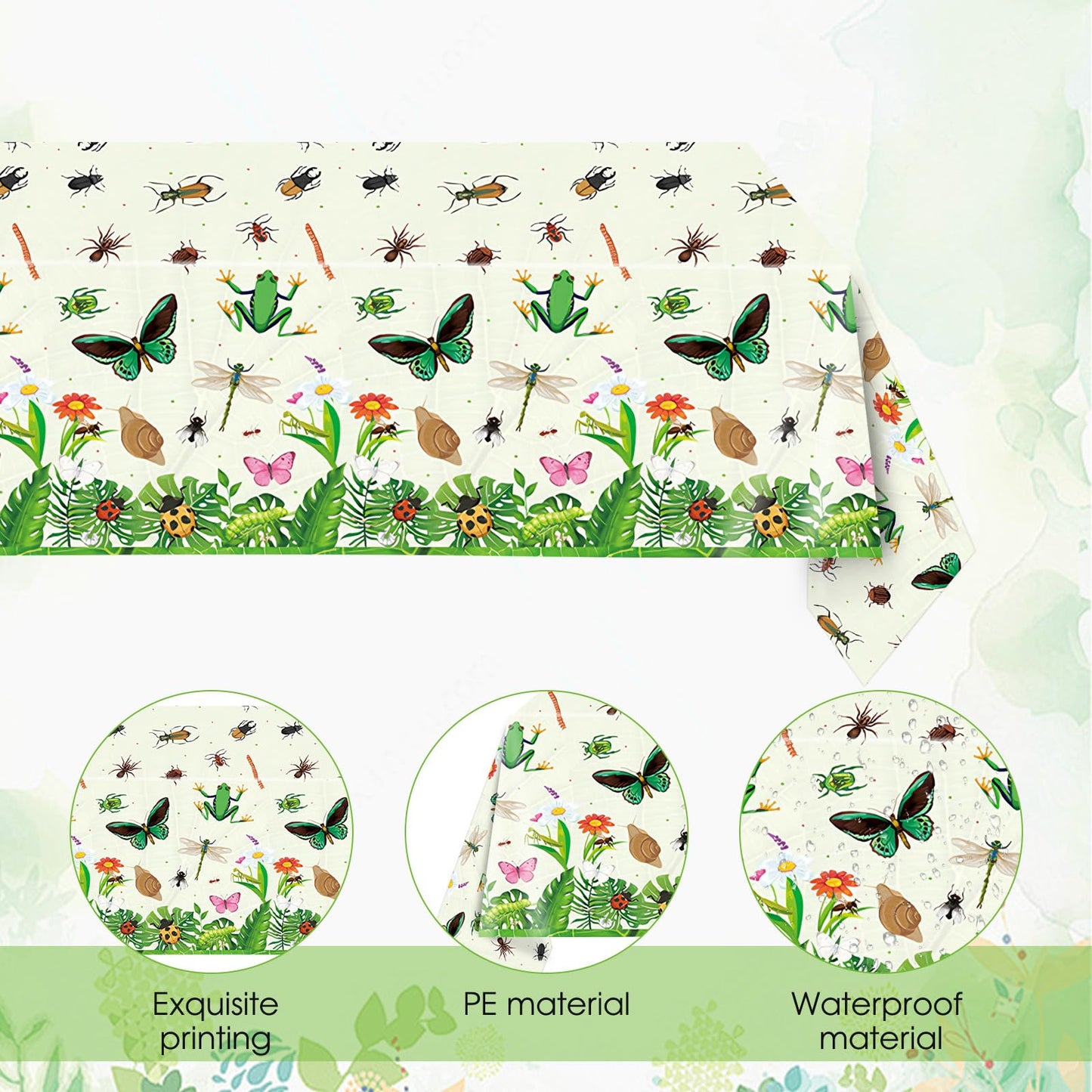 Mainivo 2Pcs Bug Theme Tablecloth Insect & Bug Party Decorations Garden Nature Insect Themed Disposable Plastic Rectangular Table Cloth, for Baby
