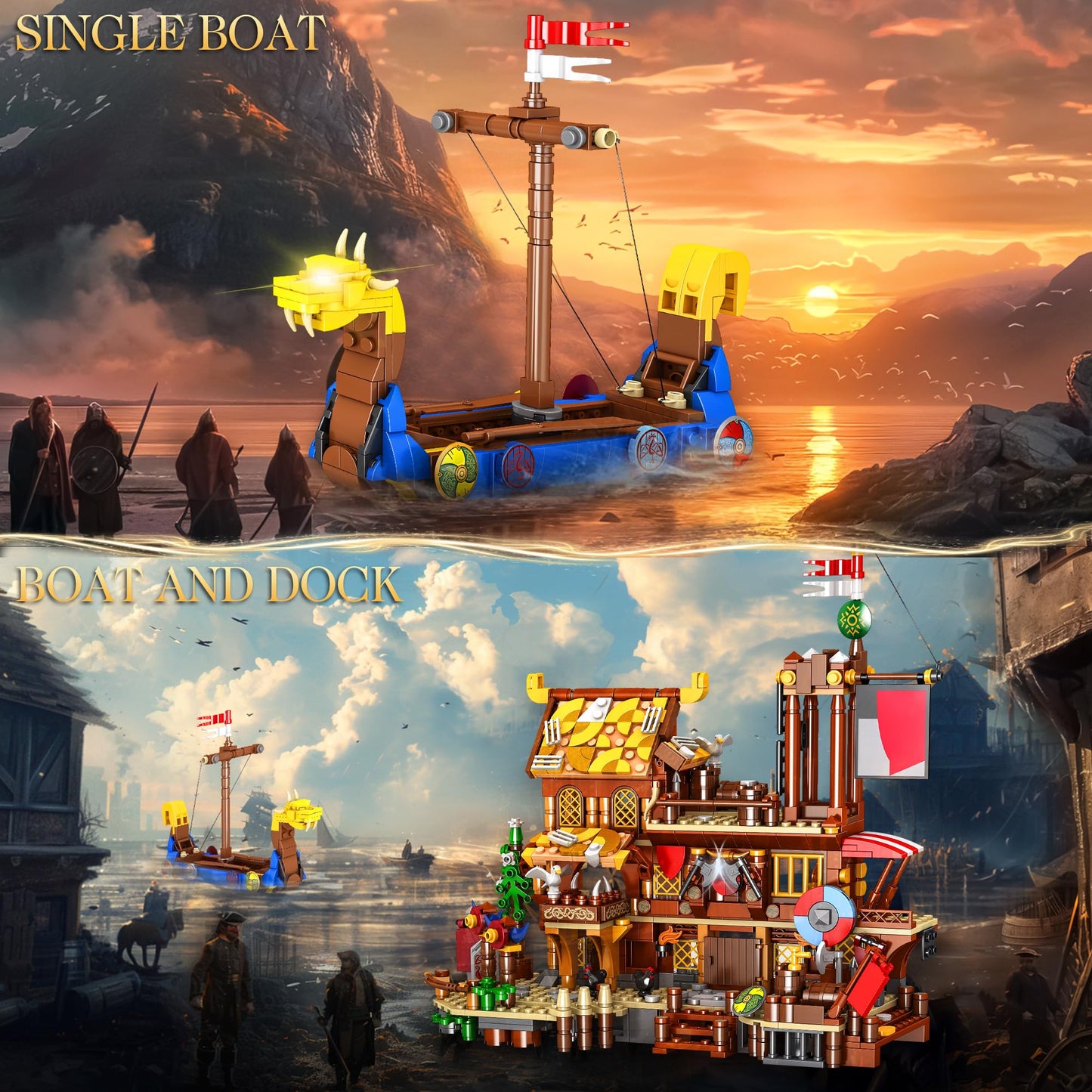 Viking Pirate Ship House Building Block for Boys age 12-14, Friend Medieval Viking Village Building Set with Dragon Head Ship, Architecture Building