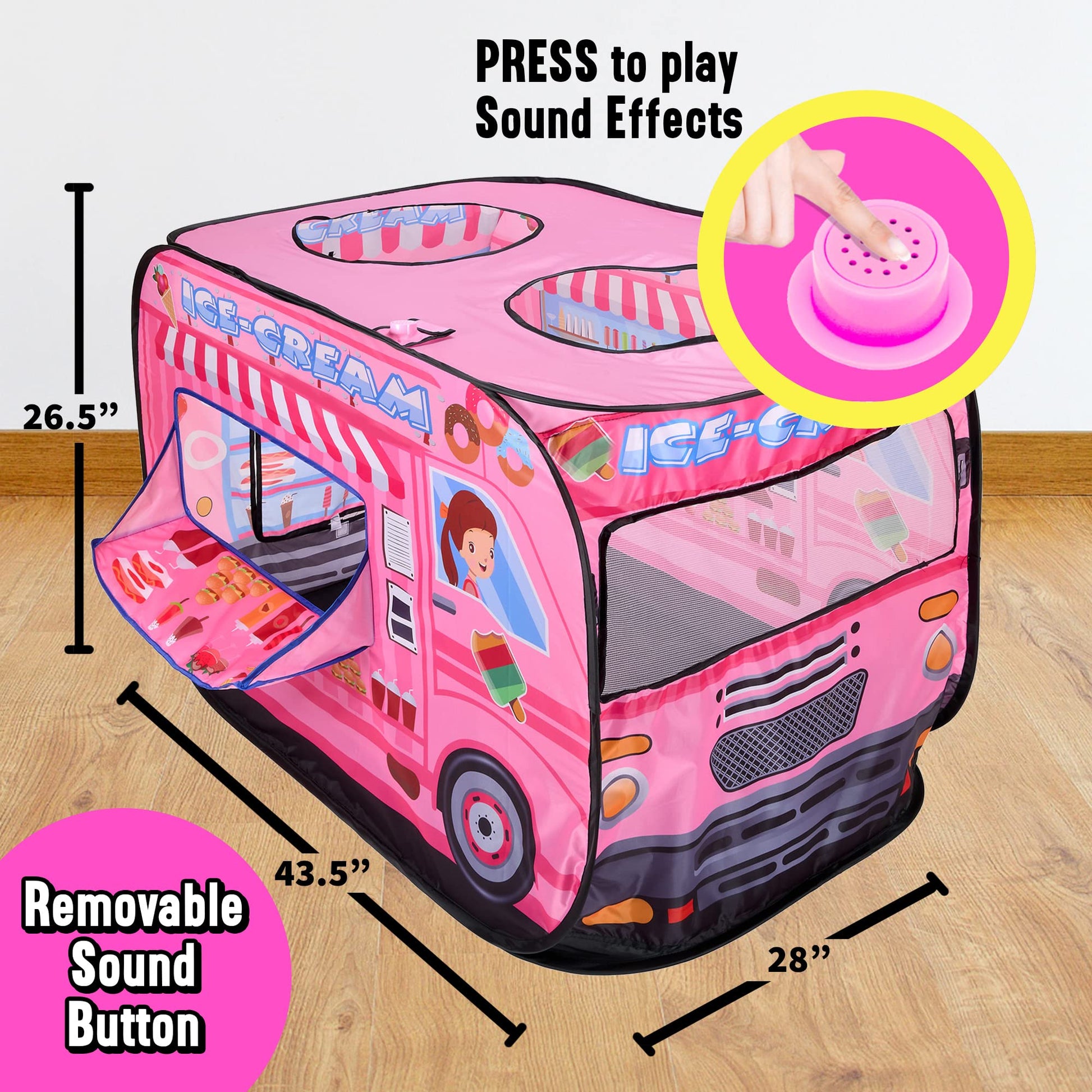 Playbees Musical Ice Cream Truck Pop Up Play Tent with 3 Openings - Tent for Toddlers - Indoor & Outdoor - Pop Up Tents for Kids - Includes Carry Bag
