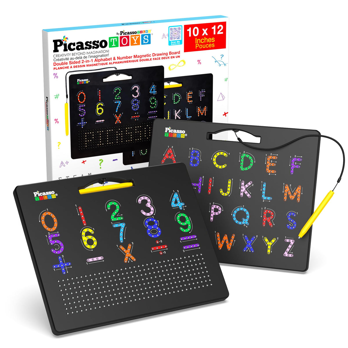 PicassoTiles 2in1 Magnetic Drawing Board Toy 12x10 In Large Magnet Bead Pad with Alphabet and Math Side in Black STEM Educational Writing Playboard