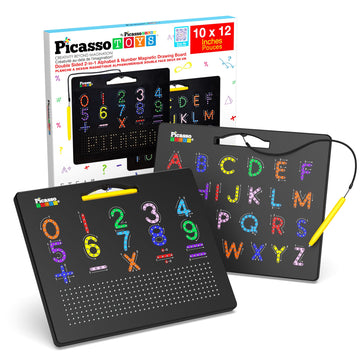 PicassoTiles 2in1 Magnetic Drawing Board Toy 12x10 In Large Magnet Bead Pad with Alphabet and Math Side in Black STEM Educational Writing Playboard
