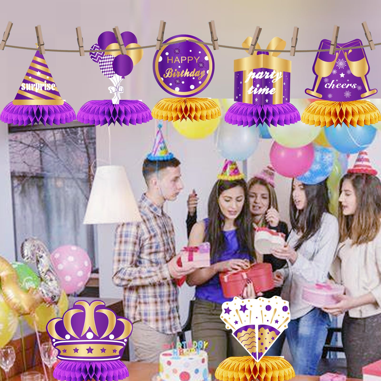 WINPOGEE Purple Gold 9pcs Birthday Decorations Honeycomb Centerpieces for Women Men Happy Birthday Table Topper Decor