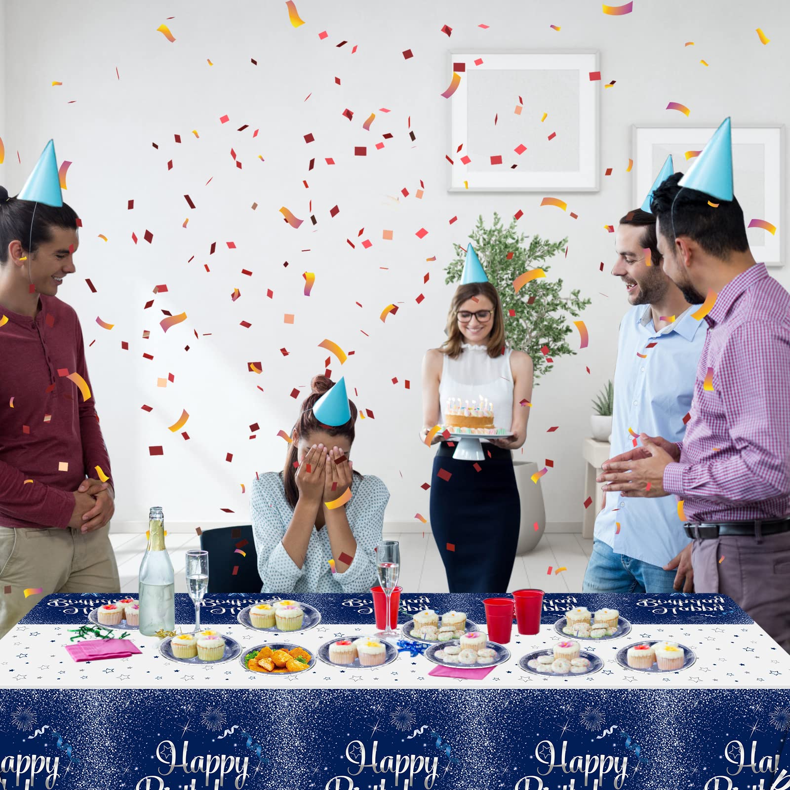 QUERICKY 2 Pack Navy Blue and Silver Happy Birthday Tablecloths, 51x87'' Plastic Disposable Rectangle Table Cover for Men Women Boys Girls Birthday