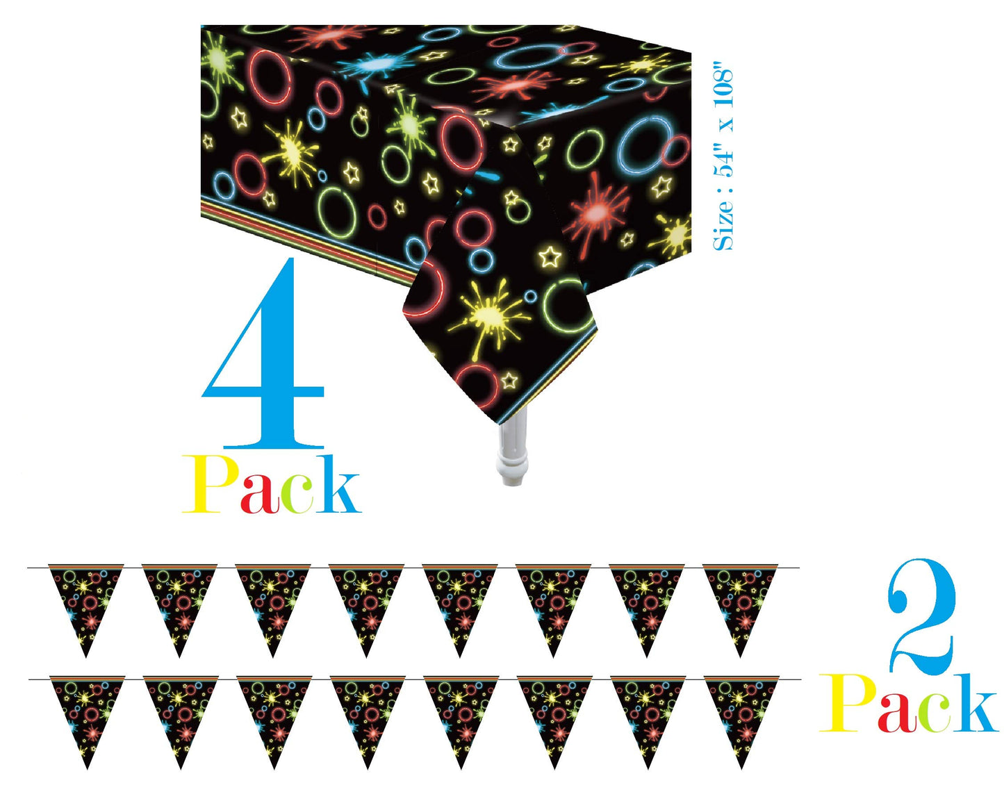 Oojami 4 Pack Glow Party Neon Plastic Table Covers Tablecloth Ideal for Glow in the Dark Parties Cosmic Theme Parties, Glow Neon Decor, Glow Theme All