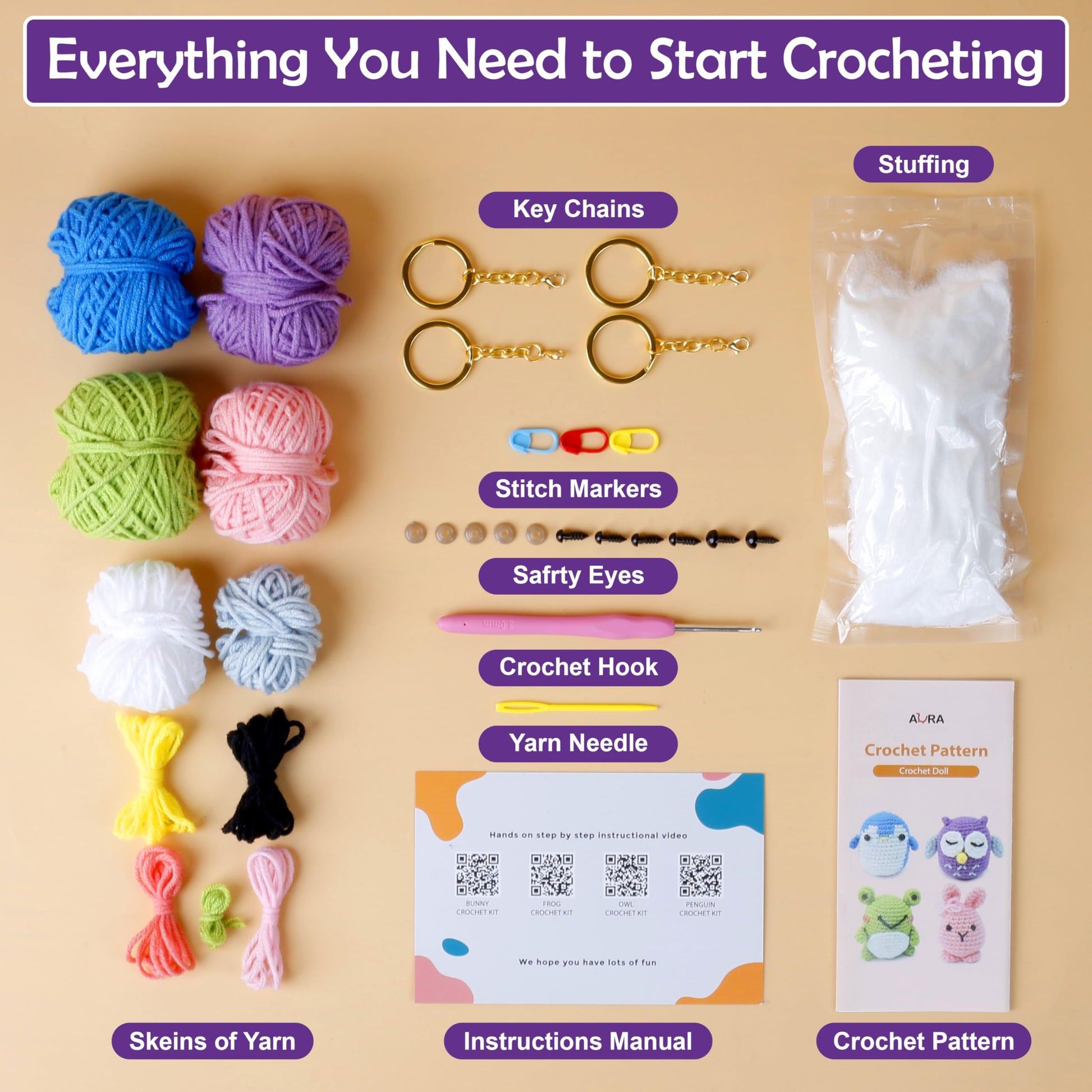 A-URA Learn to Crochet Kit for Beginners Kids and Adults, Premium 4 Animal Pattern Beginner Crochet Kits with Easy Tube Yarn & Step-by-Step Video