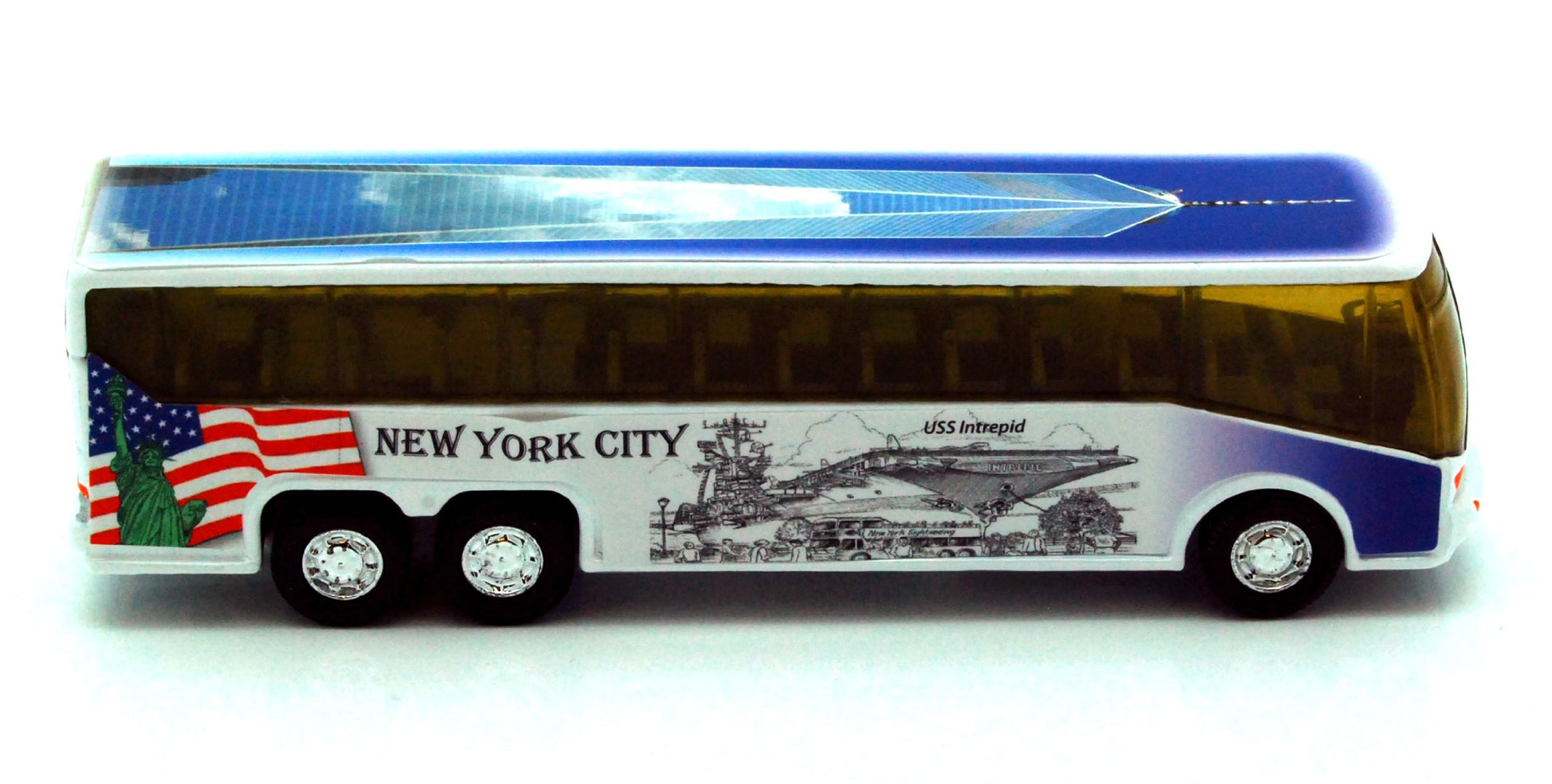NYC Diecast Coach Bus 6" - Statue of Liberty, Empire State Building, Freedom Tower
