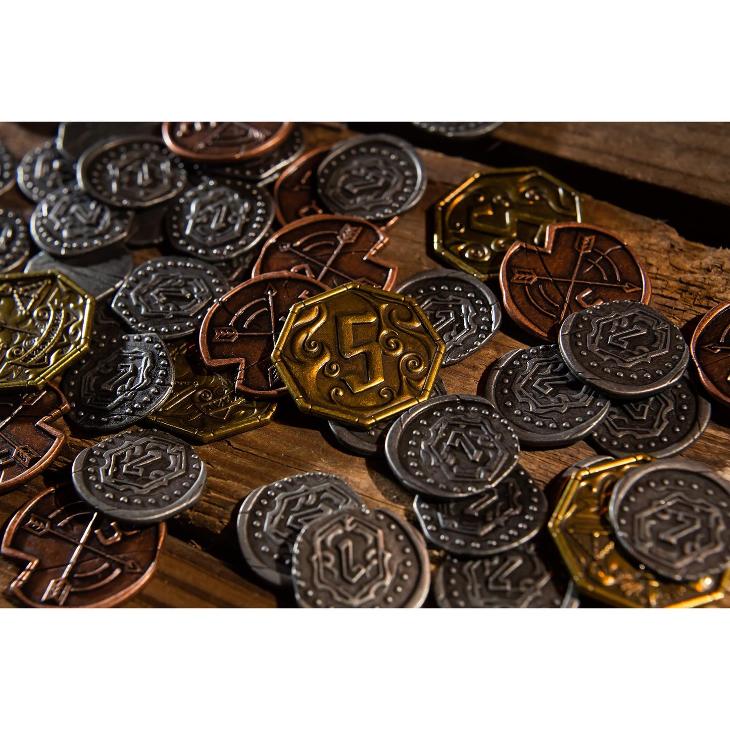 Cephalofair Games: Gloomhaven: Metal Coin Upgrade - 60 Coins & Drawstring Bag, Board Game Accessory, Metal Currency, Detailed Art