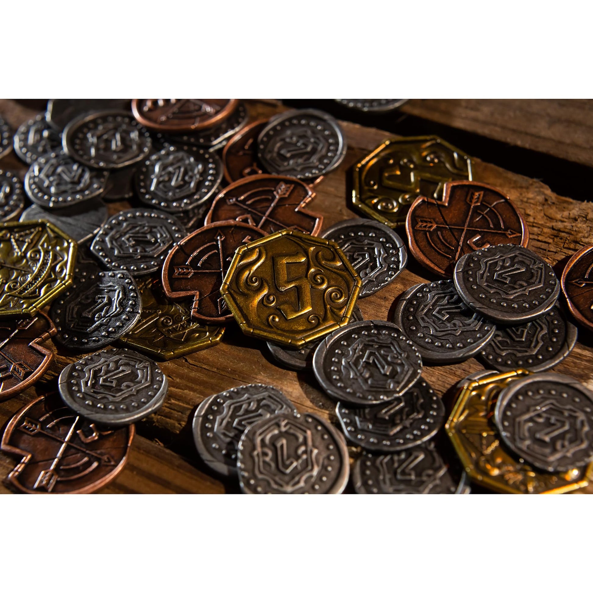 Cephalofair Games: Gloomhaven: Metal Coin Upgrade - 60 Coins & Drawstring Bag, Board Game Accessory, Metal Currency, Detailed Art