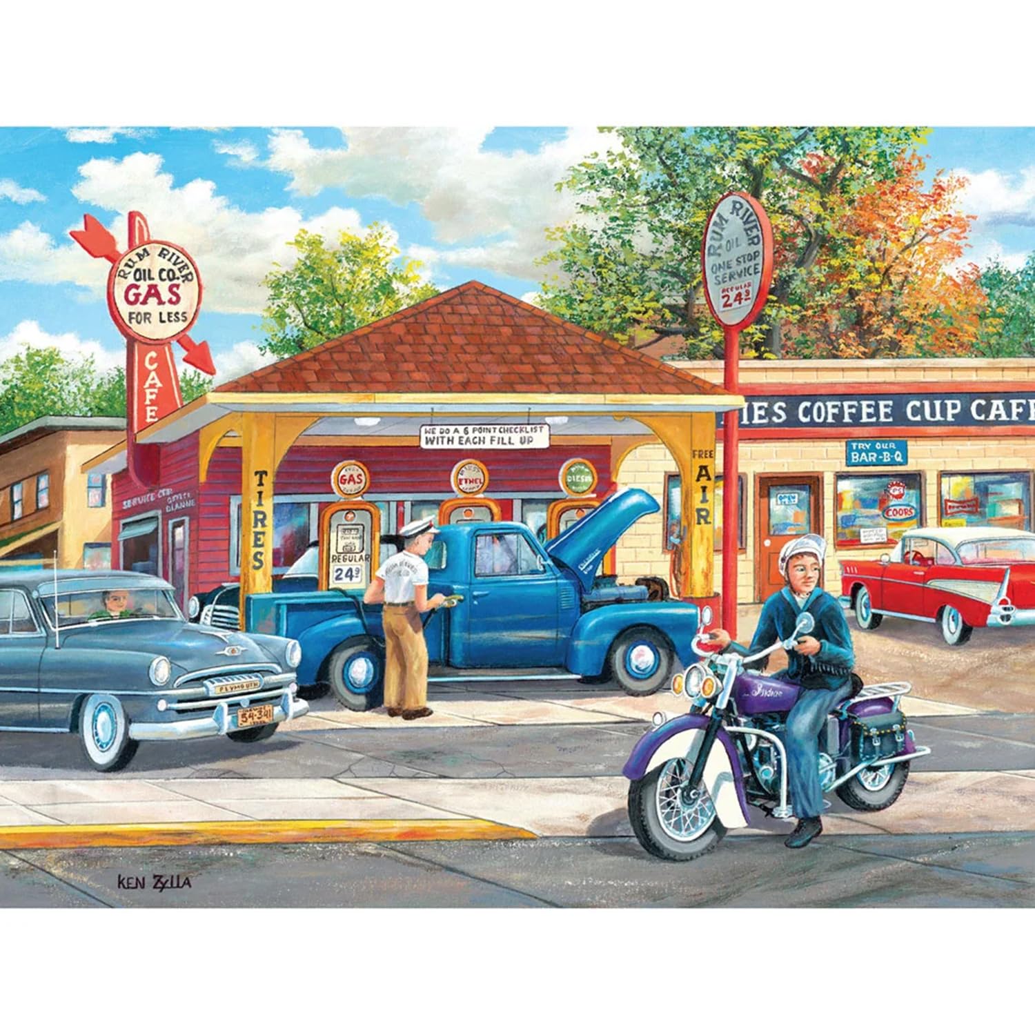 Bits and Pieces 300 Piece Puzzles for Adults - Remembering Full Service - 300 Large Pieces 18" x 24" Jigsaw Puzzles, Classic Cars Gas Staion