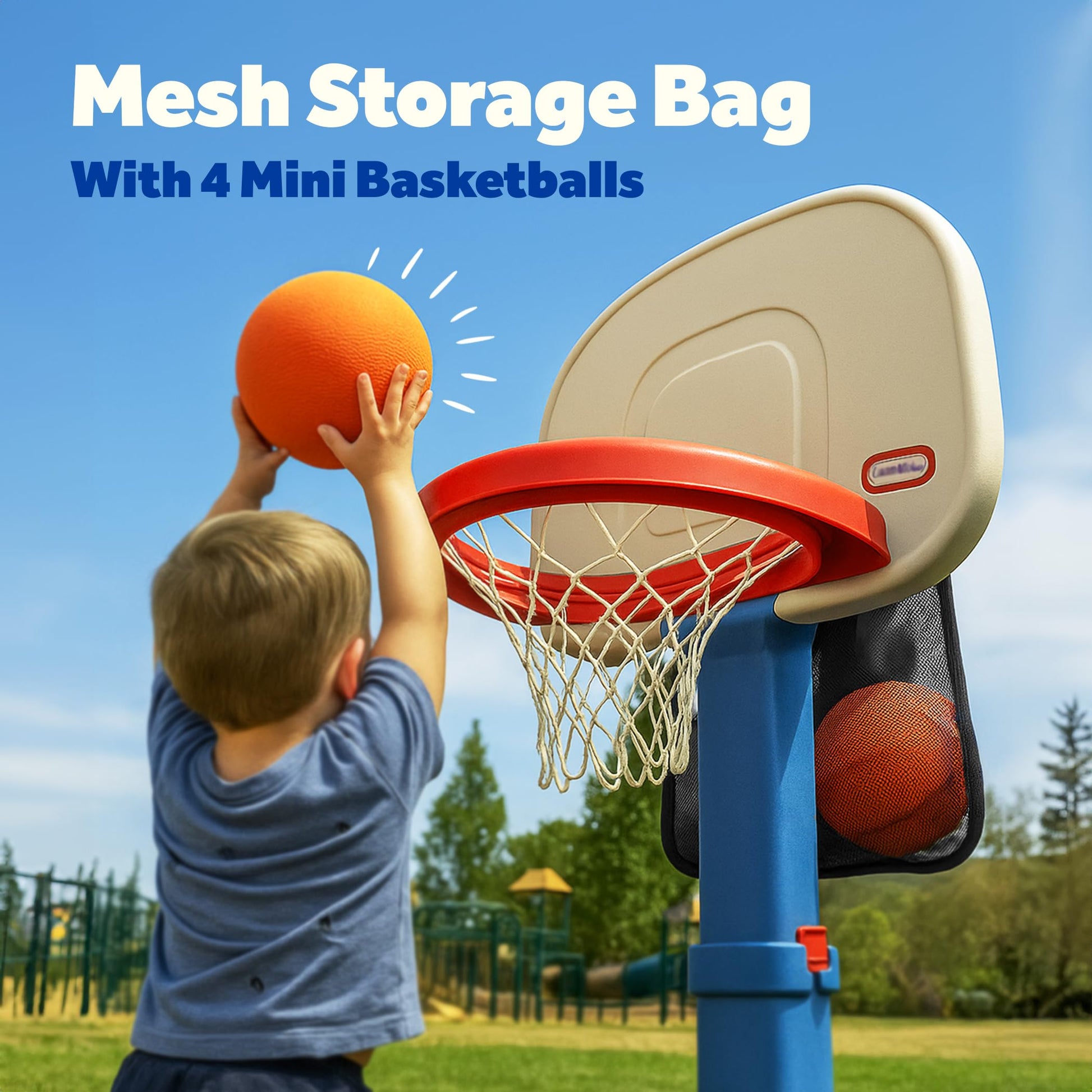 Set of 4 Mini Basketballs with Storage Net, Designed for Little Tikes Basketball Hoop (Backboard Mounted) Indoor/Outdoor Use for Kids, 7” Inflatable