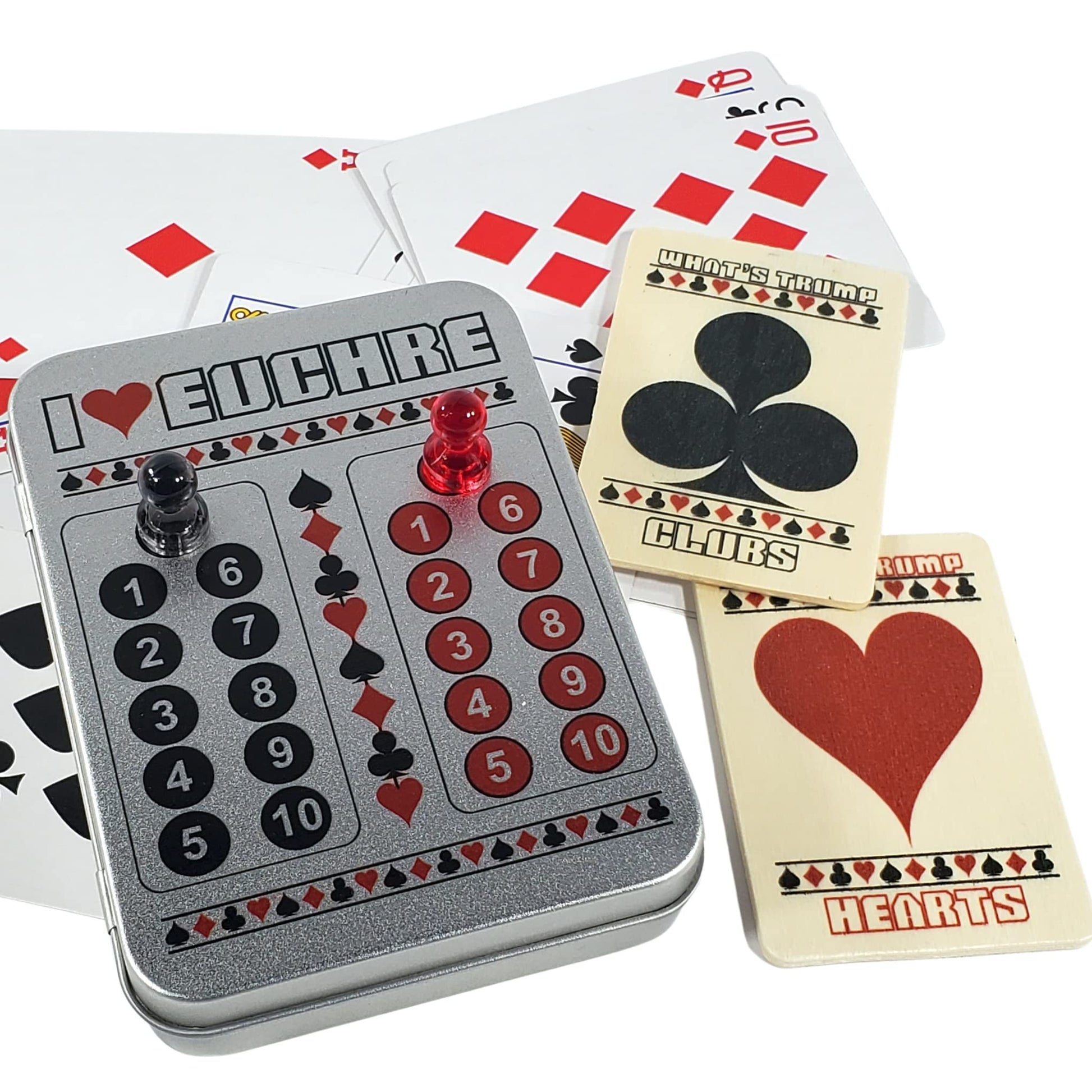 I Heart Euchre Scorekeeper Tin Set with Cards, Magnets, & Wood Suit Cards