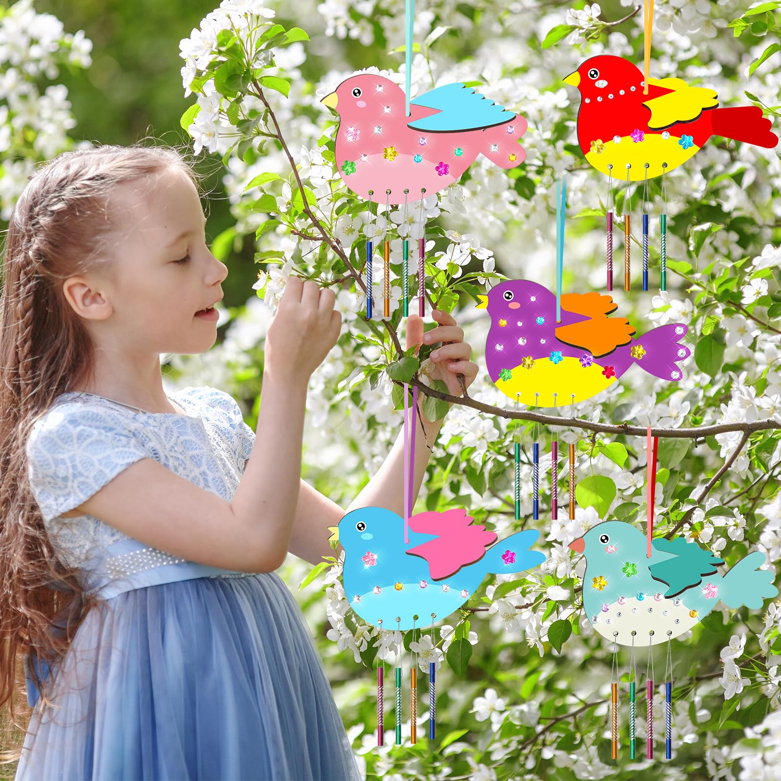 TREACLUB 10Pack 3D Bird Wind Chime Kit for Kids Spring Make Your Own Bird Wind Chime Make a Wind Chime Kit DIY Coloring Wooden Arts and Crafts