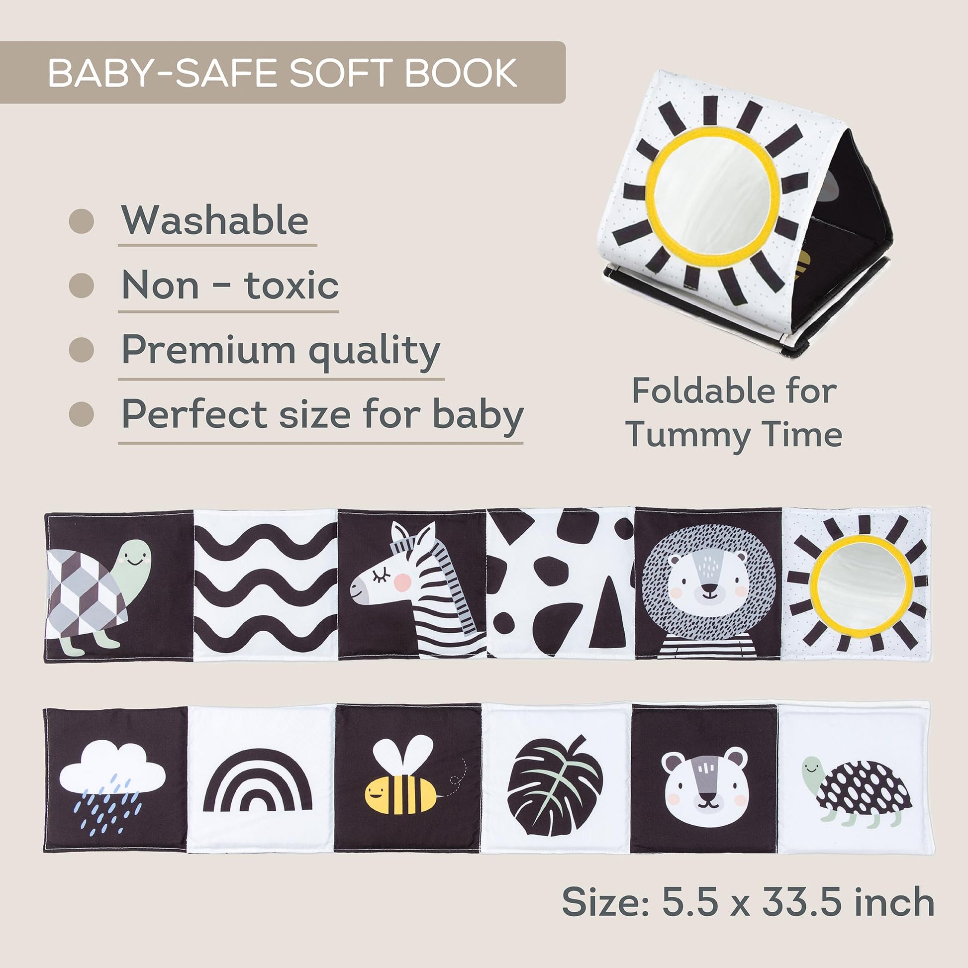 Taf Toys Newborn Soft Activity Book Black & White High Contrast Baby Book Infant Sensory Toys Tummy Time Soft Cloth Books for Babies Textured Fabric