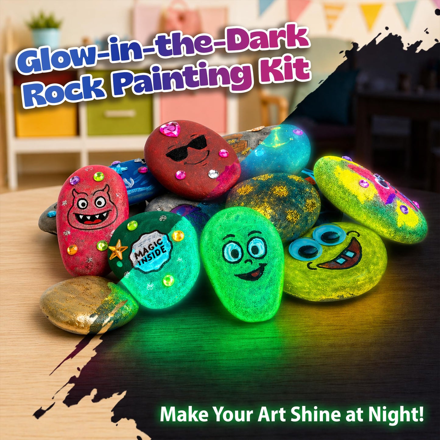 Pinwheel Crafts Glow in the Dark Rock Painting Kit with Interactive AR Storybook - 128pc Arts & Crafts Set for Kids - Augmented Reality Educational