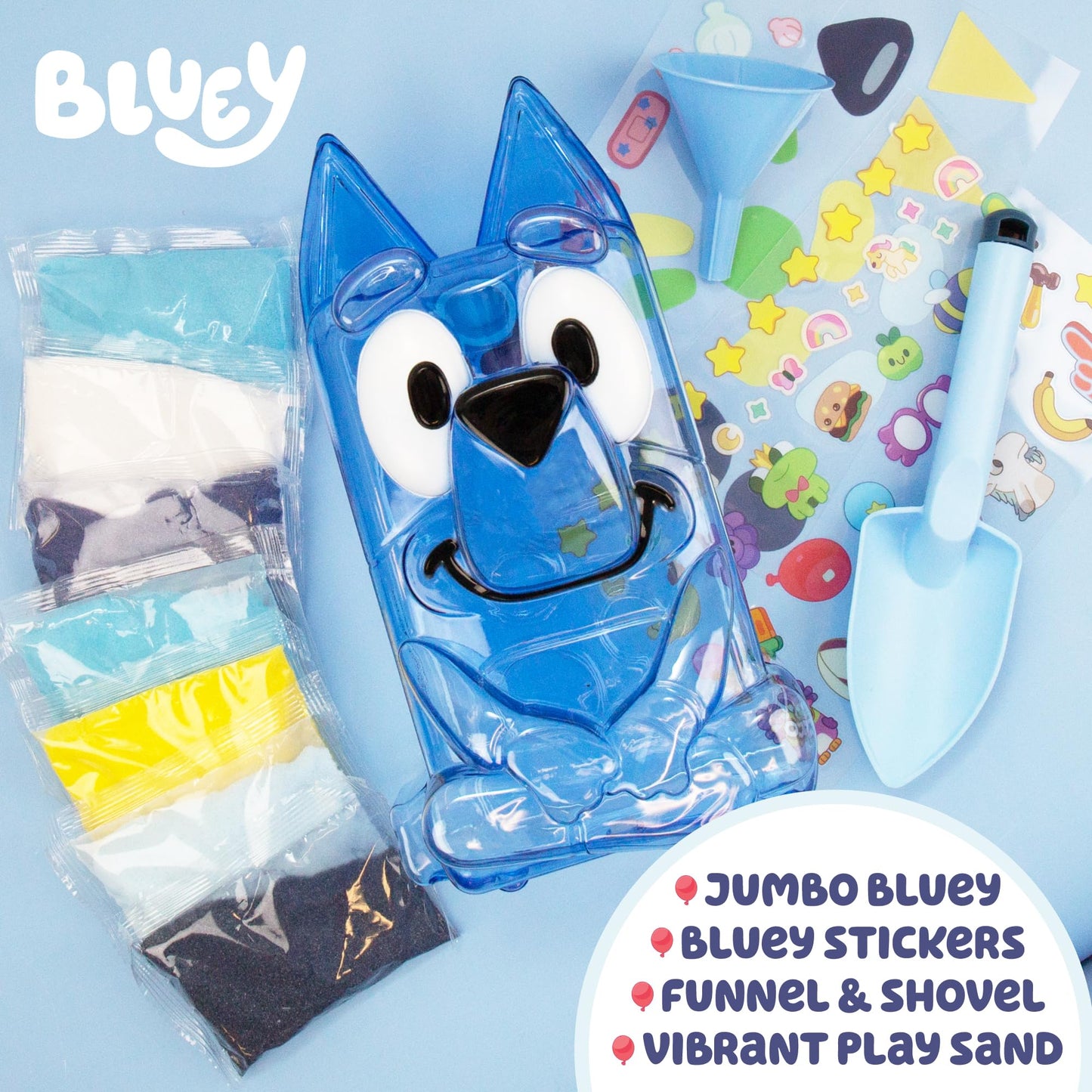 Bluey Jumbo Sand Art, Reusable Bluey Toys, Fill with Sand or Water, Includes Waterproof Bluey Doll, Kids Shovel and Funnel, Fun Sensory Toys for Kids