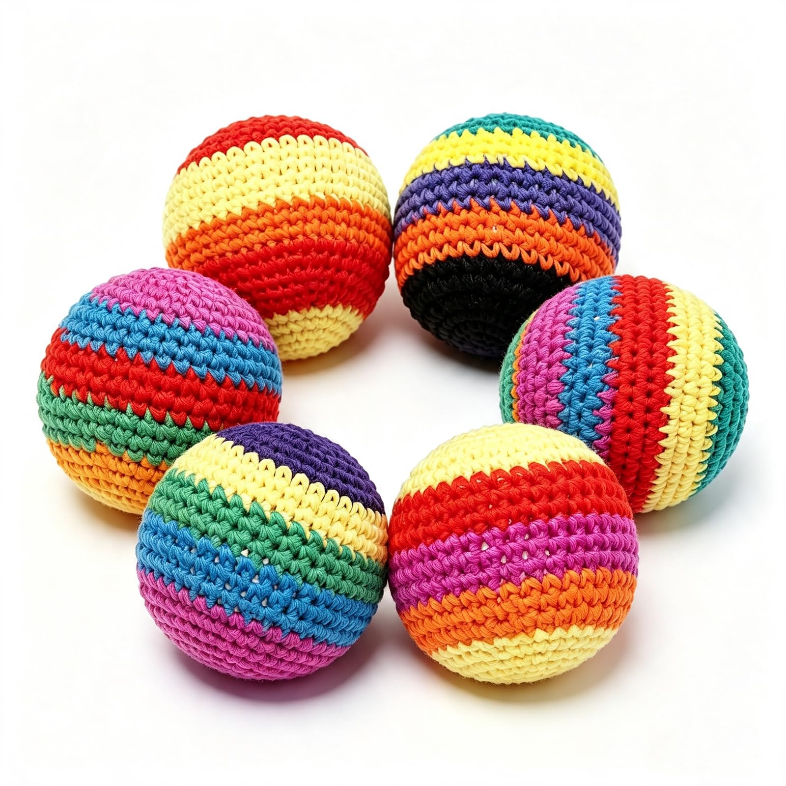 Fanwarmfit Hand Crocheted Footbags, Color Juggling Sacks, Durable Woven Kicking Toy for Adults Outdoor Training Beach Camping Portable Set (Six Pack)