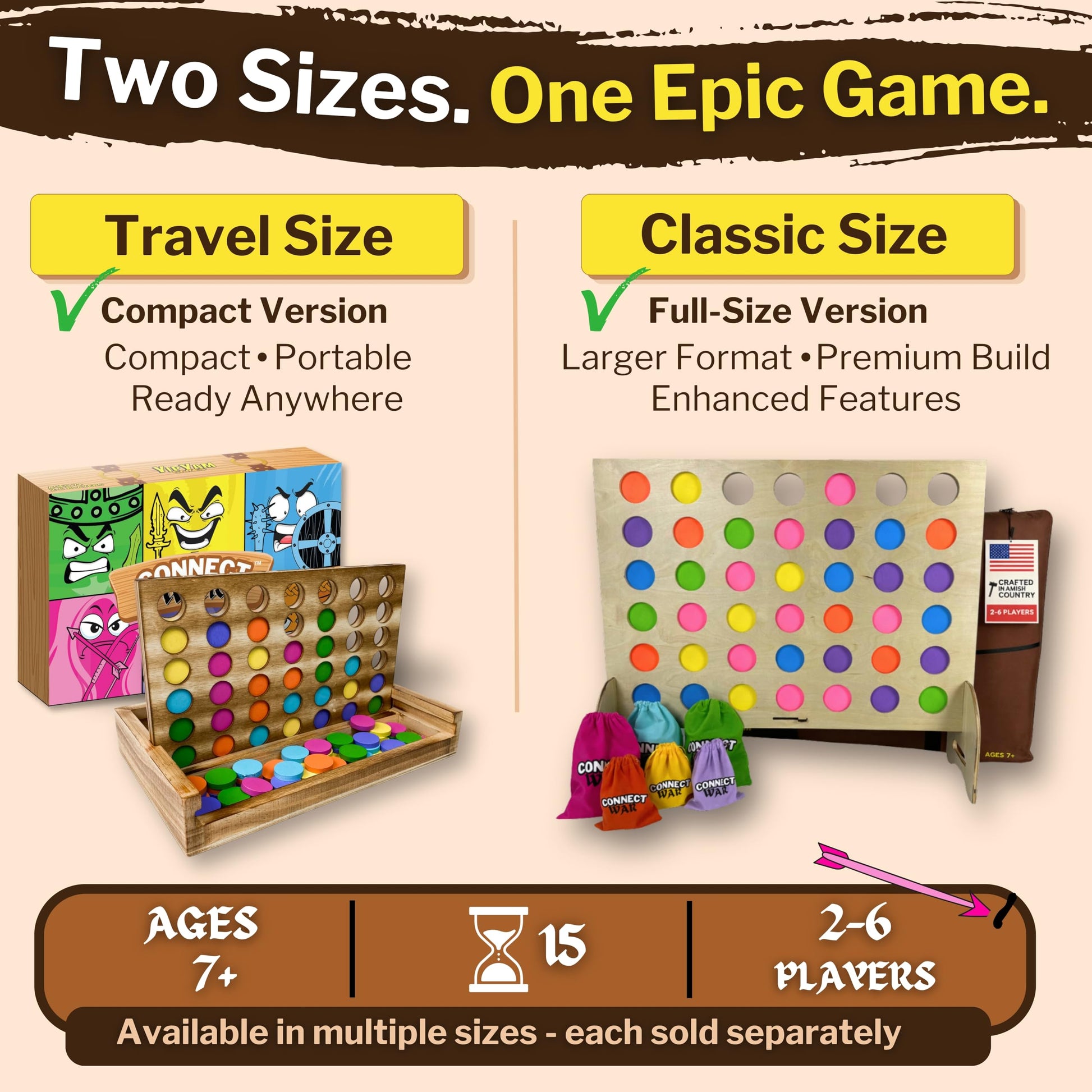 Connect War - 4 in a Row Table Top Game for 2-6 Players, Handcrafted Wooden Games for Family and Group Play, Four in a Row Wood Game