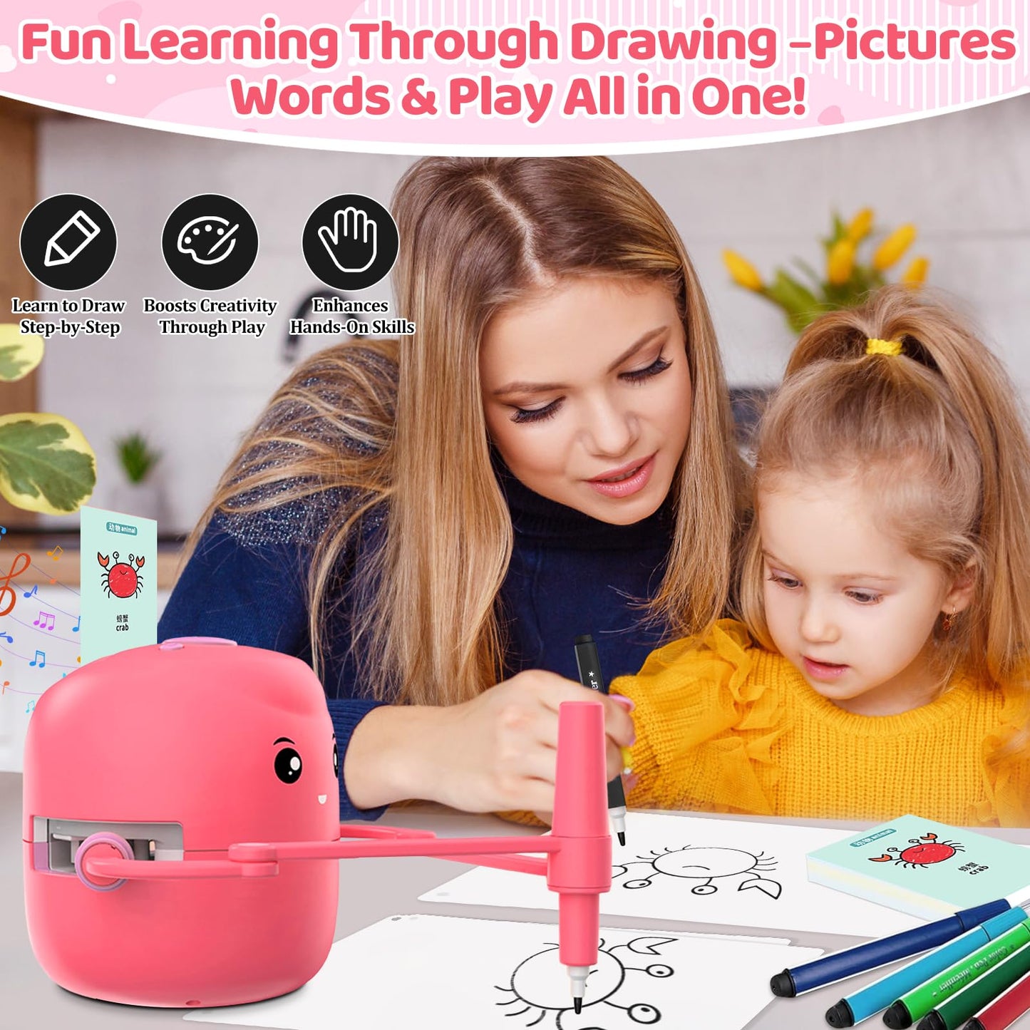 Drawing Robot for Kids with 150 Learning Cards and 17 Colorful Pens, Voice Interactive Educational Smart Art Painting Machine, Step-by-Step Drawing