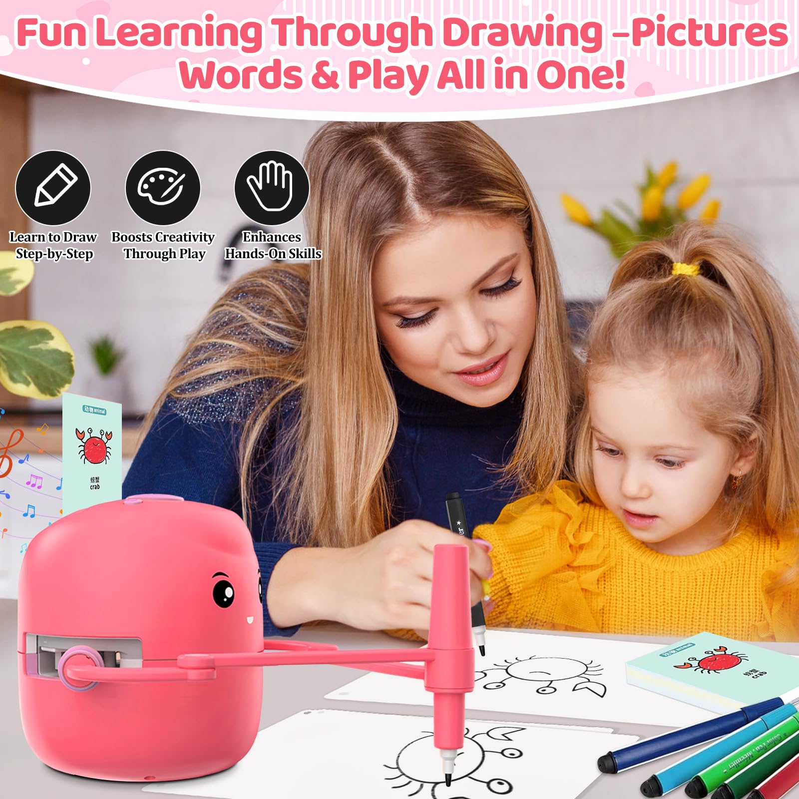 Drawing Robot for Kids with 150 Learning Cards and 17 Colorful Pens, Voice Interactive Educational Smart Art Painting Machine, Step-by-Step Drawing