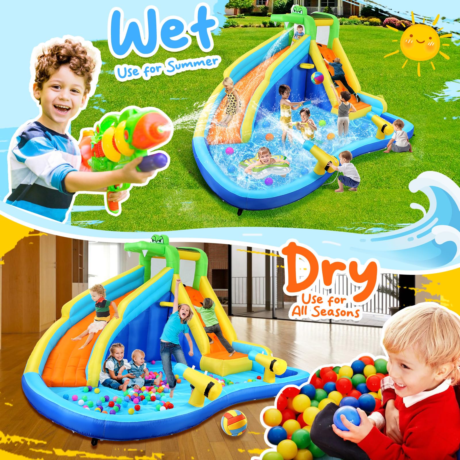Whubefy Inflatable Water Slide, 8 in 1 Blow Up Crocodile Spray Slide 13.2 x10 Ft Water Bounce House with 2 Water Cannon, Climbing Wall, Basketball