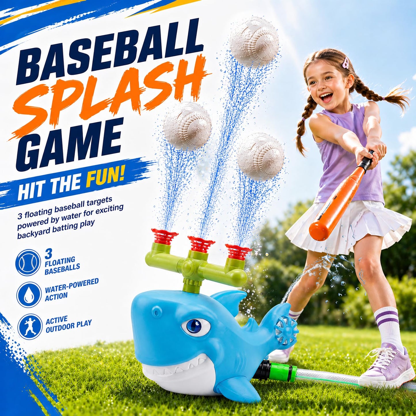 Shark Water Sprinkler Toy, 4-in-1 T Ball Splash Game for Kids Ages 3-8